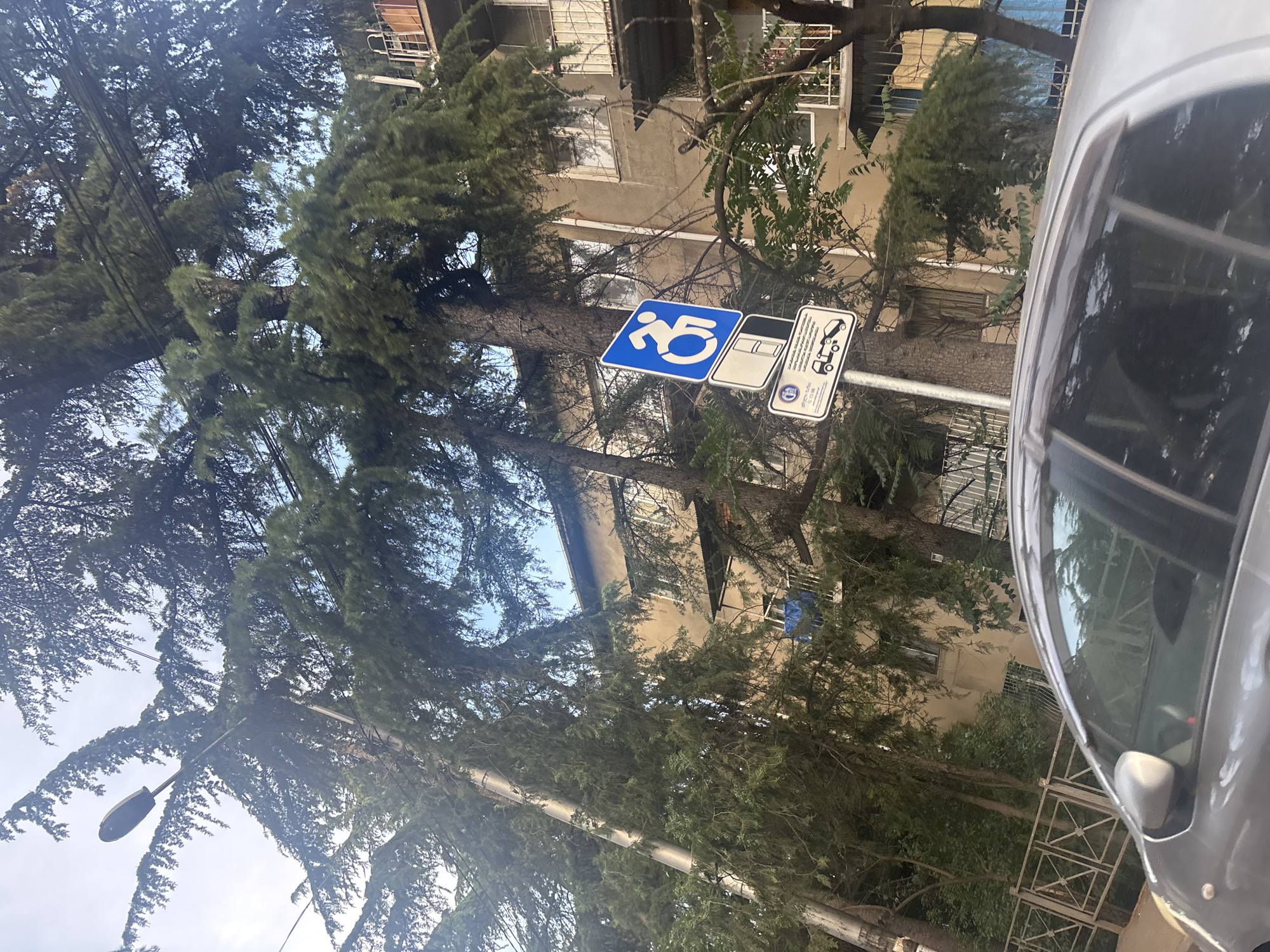 A car is parked on a street in Tbilisi, Georgia, near a building and several trees. A blue and white sign indicates a parking spot for people with disabilities, and a smaller sign below shows a tow truck. The car is a silver sedan, and its interior is visible through the windows. The building is an apartment building with balconies and windows. The trees are tall and leafy, and their branches hang over the street. The sky is visible through the trees.