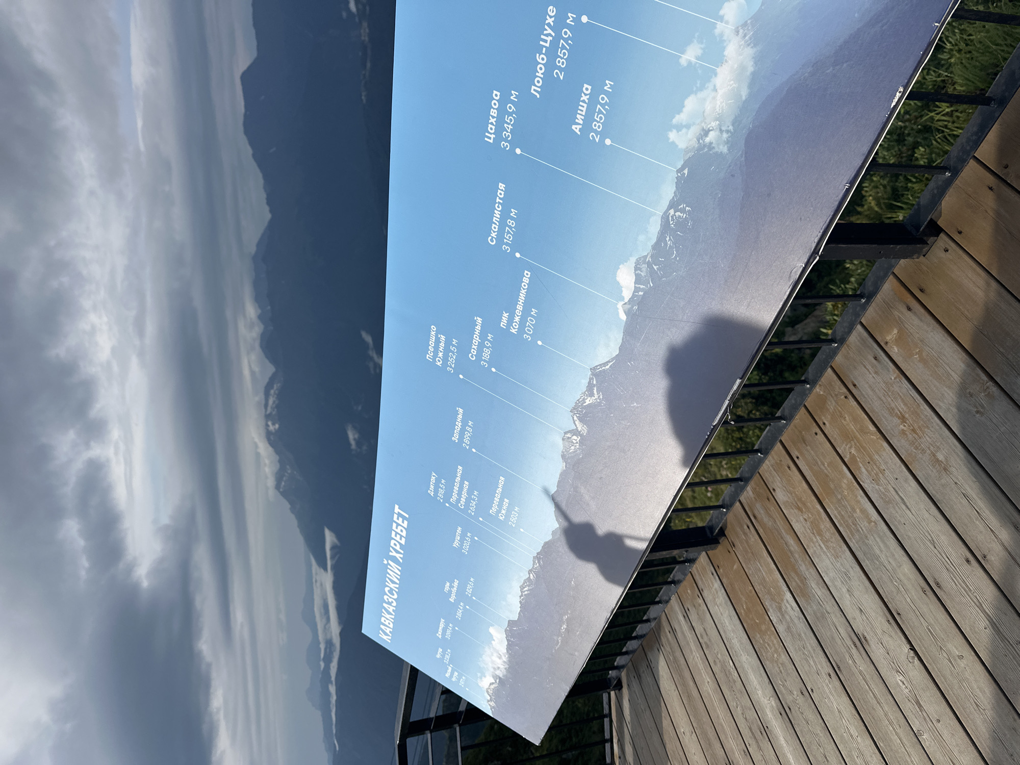 An eye-level, medium shot captures a panorama of the Caucasian mountain range from a wooden observation deck in Estosadok, Russia. The foreground is dominated by the observation deck, constructed of weathered, light-brown wooden planks, with a black metal railing running along its edge. Mounted on the railing is a large, angled informational sign displaying a mountain landscape with labels in Russian. The sign is positioned to overlook the distant mountains, with the lower portion showing a silhouette of a mountain range against a blue sky with scattered clouds. The sky above is overcast with heavy grey clouds, transitioning to lighter tones towards the horizon. The middle ground features a series of majestic, dark blue mountain peaks, some capped with snow, emerging from a layer of white clouds. The sign itself indicates names and altitudes of various peaks within the Caucasian mountain range.