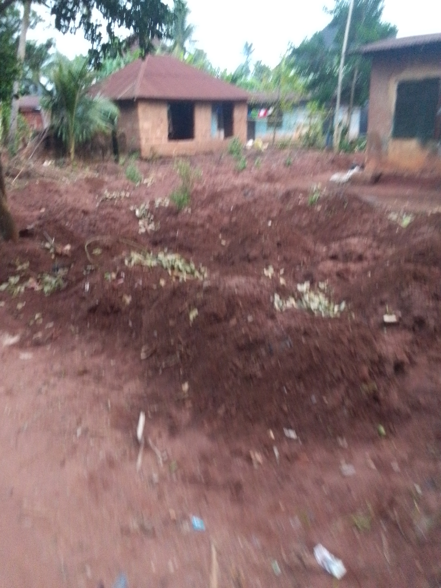 The image depicts a rural or semi-rural area in Orlu, Nigeria. The foreground consists of reddish-brown soil with scattered debris, including what appears to be litter and vegetation. In the middle ground, there's a simple brick or mud house with a brown roof and open window spaces. Further in the background, other structures and trees are visible, suggesting a residential area. There are no visible people or significant actions taking place. The environment appears to be somewhat untidy, with a focus on basic, perhaps low-income, housing.