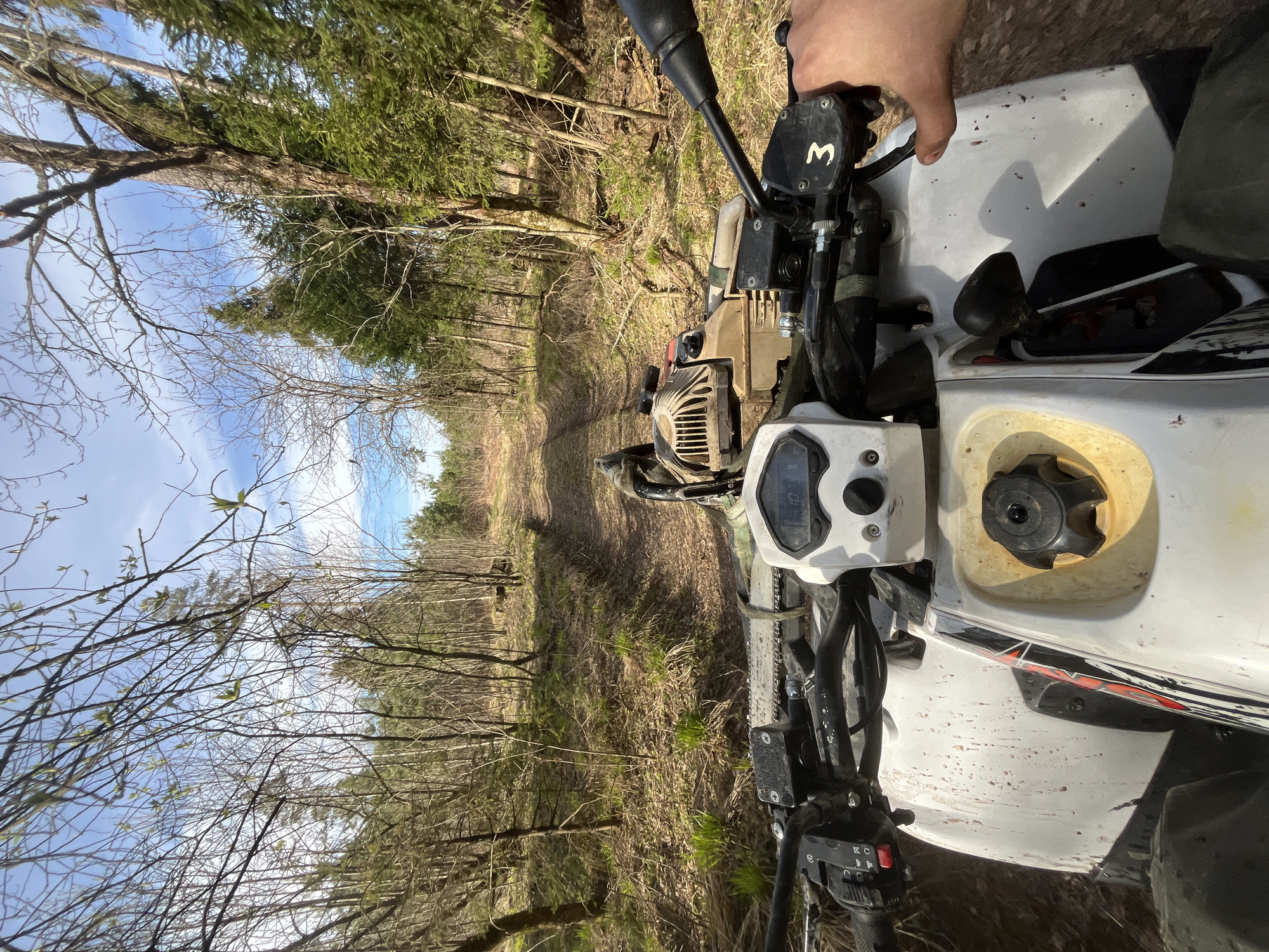 The image depicts a first-person perspective from an ATV moving along a dirt path through a wooded area near Раздолье, Russia. The rider's hand is visible on the right handlebar. The ATV is white and appears to be dirty. A chainsaw is strapped to the front of the ATV. The path is narrow, with trees lining both sides. The sky is visible through the trees and is partly cloudy. The vegetation appears to be dormant, typical of late fall or early spring.