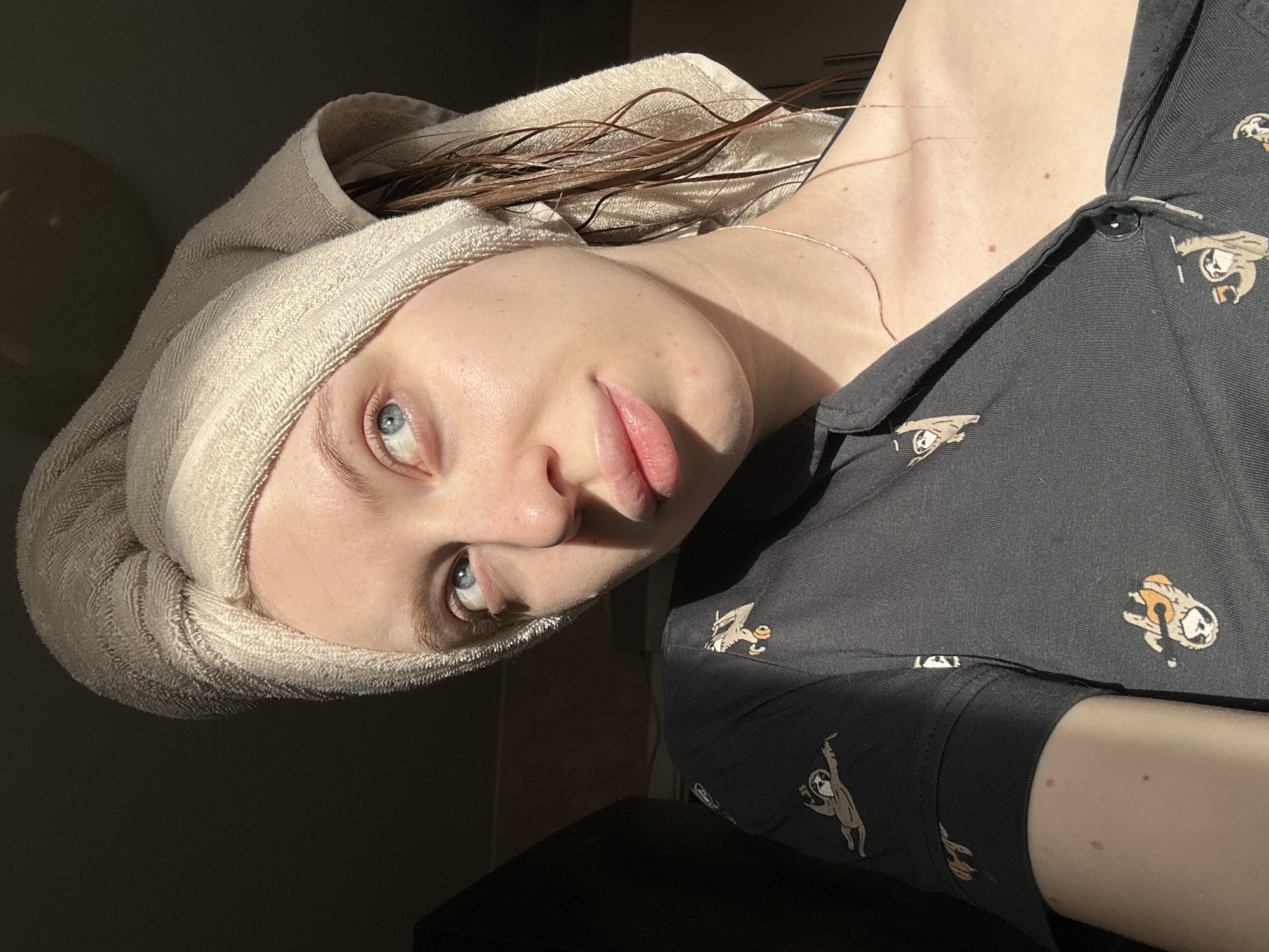 A young woman is captured in a diagonal close-up, illuminated by strong, direct sunlight. Her head is wrapped in a light beige, textured towel, from which strands of wet, brown hair emerge at the back. She has fair skin, blue eyes, and full lips, and is looking directly towards the viewer with a neutral, slightly pensive expression. A thin, silver chain necklace is visible around her neck. She is wearing a dark, possibly black or dark grey, button-up shirt patterned with small, light-colored figures that appear to be sloths or similar animals, as revealed in the cropped images.
Harsh sunlight strikes her face, neck, and right shoulder from the upper right, creating sharp highlights and deep shadows across her features and the background. The left side of her face and the area behind her are cast in deep shadow, indicating an indoor setting with a bright light source, likely a window, during a sunny morning or late afternoon. No specific details of the room or background are discernible other than generalized shadows. The overall activity suggests a casual moment, perhaps after washing her hair, captured in a self-portrait. There is no visible text in the image. No specific visual cues within the image indicate the provided location context of Chaikovsky, Russia.
