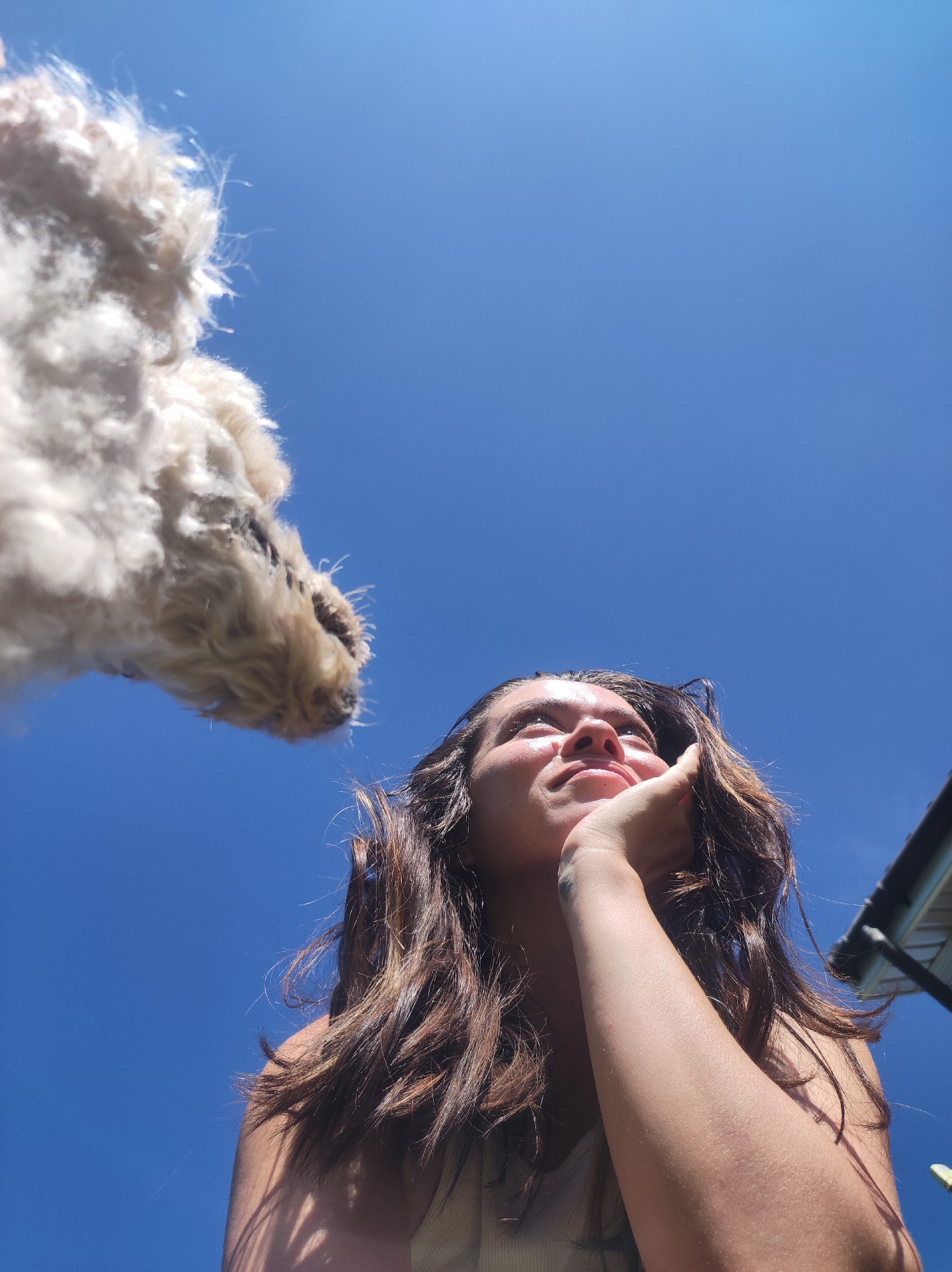 A low-angle shot captures a young woman with long, wavy brown hair looking up at a clear, bright blue sky. Her right hand is supporting her chin, and her eyes are closed, with sunlight illuminating her face. To the upper left of the frame, the fluffy, light-colored head of a dog is visible, also looking downwards towards the woman. The dog's snout is close to the woman's face, suggesting a moment of affection or playful interaction. In the background, a portion of a dark roofline is visible on the right side of the image. The scene appears to be outdoors on a sunny day. The location in the city of Фоки, Russia, is not discernible from the image.