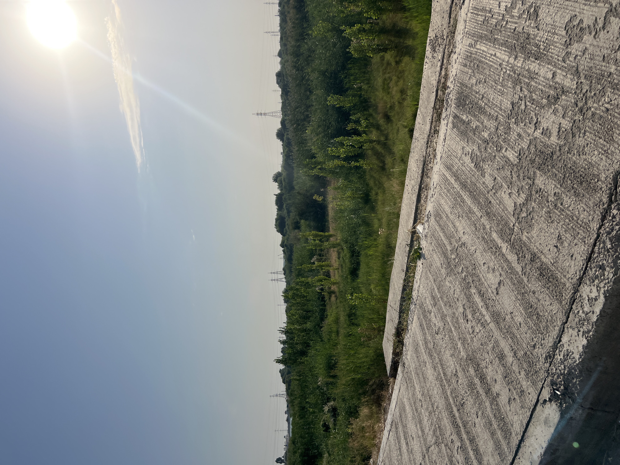 This image depicts a landscape scene in the city of Karamanas, Uzbekistan. In the foreground, a textured concrete surface, possibly a pathway or road, runs diagonally across the frame. The surface is worn and shows tire tracks. Beyond the concrete, a dense field of tall green grass and scattered young trees occupies the middle ground. In the distance, a line of power pylons stands against a hazy sky. The sun is visible in the upper right corner, casting a bright glare and a faint cloud streak. The overall environment appears to be a rural or semi-rural area.