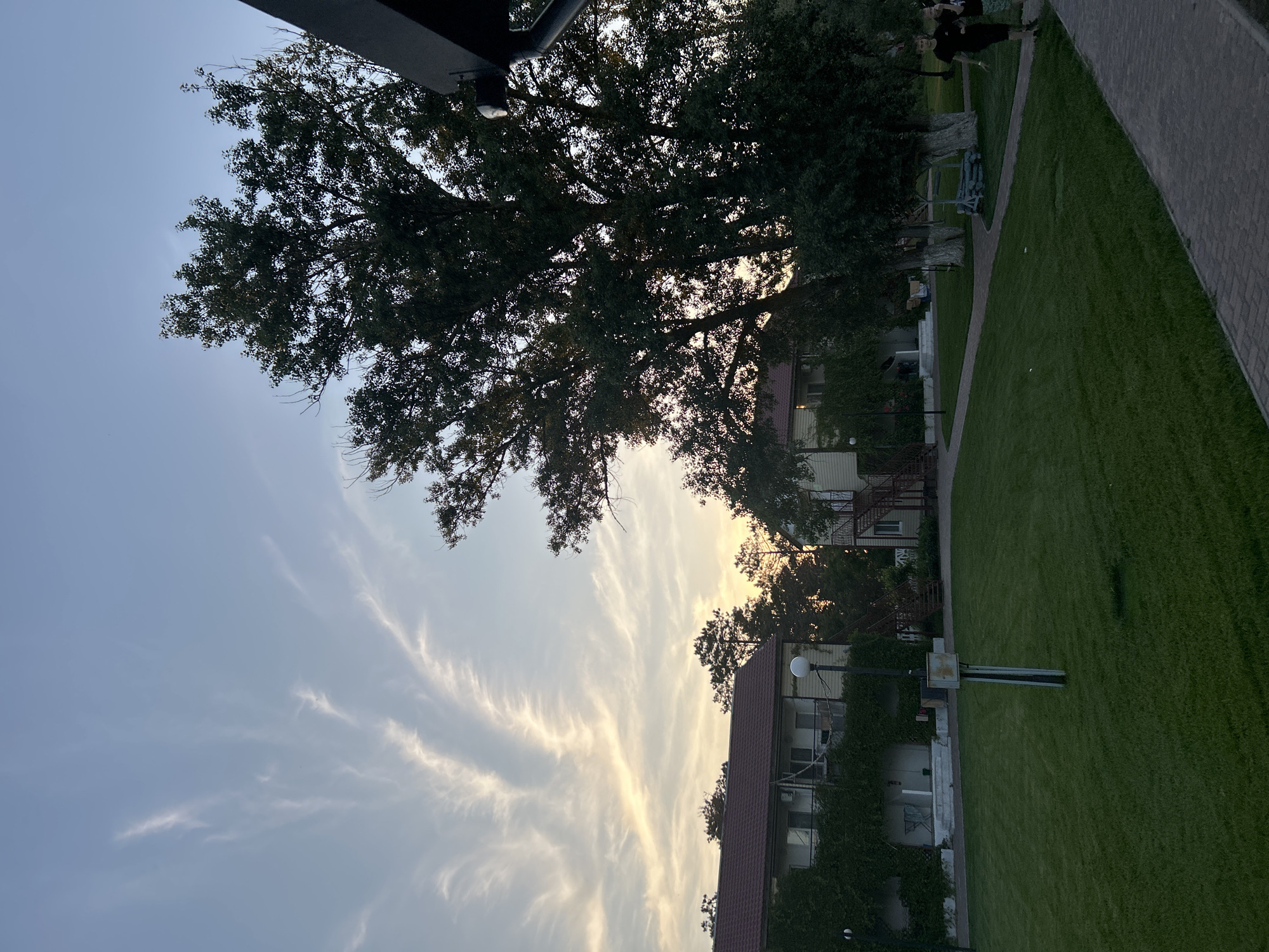 In Останинское сельское поселение, Ukraine, a twilight scene unfolds in what appears to be a residential or resort area. The sky displays a soft gradient of blue and yellow, with wispy white clouds forming an abstract pattern against the fading light. Dominating the right side of the frame is a large, dense tree with dark green foliage, its branches reaching towards the sky. In the mid-ground, several buildings with red-tiled roofs and light-colored facades are visible, partially obscured by greenery and other trees. One building on the left is heavily draped with vines. A well-maintained green lawn stretches across the foreground, with a paved walkway in the lower right corner. Two individuals, a young male in a black t-shirt and shorts, and another person partially visible, are walking on the walkway. A lamppost stands on the lawn near the center of the image. The overall atmosphere is tranquil and serene, characteristic of dusk in a suburban or rural Ukrainian setting.