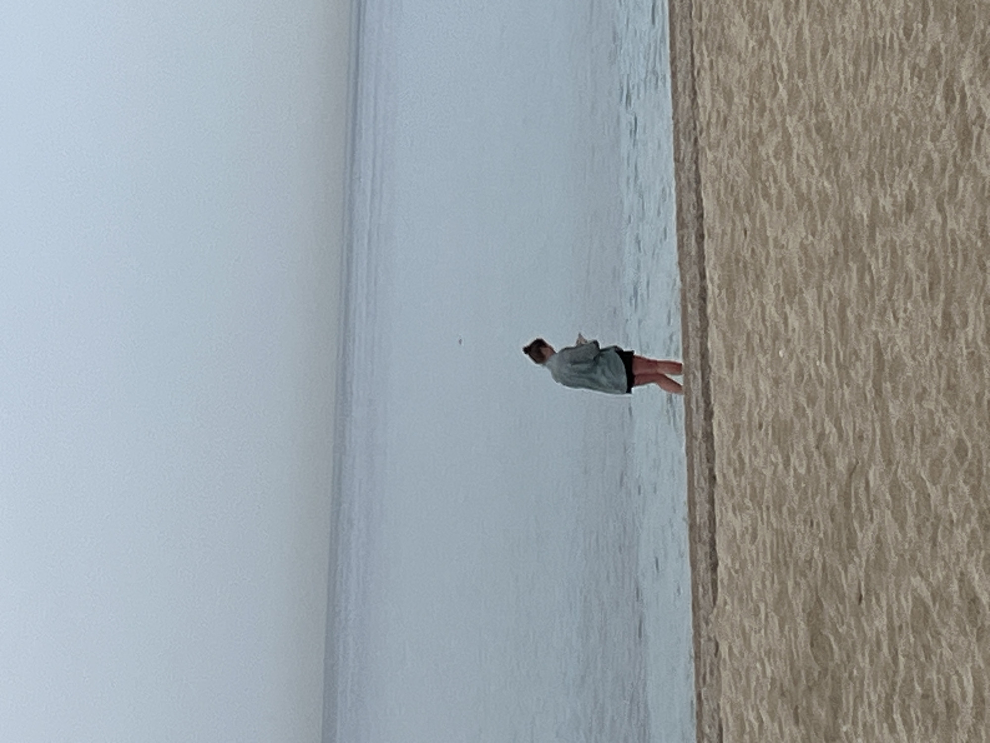 This image, when correctly oriented, presents a serene coastal scene under hazy or overcast conditions. A lone individual, appearing to be a young woman, stands in shallow, calm water. She wears a light-colored long-sleeved top and dark shorts, with her hair tied up. Her posture suggests contemplation or observation, as she faces the expansive body of water, looking towards a horizon where the sky and sea blend almost seamlessly due to atmospheric haze. She appears to be holding a small object in her hands.
To the right of the frame, a textured shoreline, possibly sandy or finely pebbled, runs vertically, separating the land from the water. The water itself is calm, reflecting the muted grey-blue tones of the sky, with gentle ripples near the shore. A tiny dark speck, possibly a distant bird or object, is visible further out in the water. The overall atmosphere is peaceful and solitary, characteristic of a quiet moment by the sea during an overcast day. No text is visible in the image. Given the context, this tranquil scene is set in Alanya, Turkey.