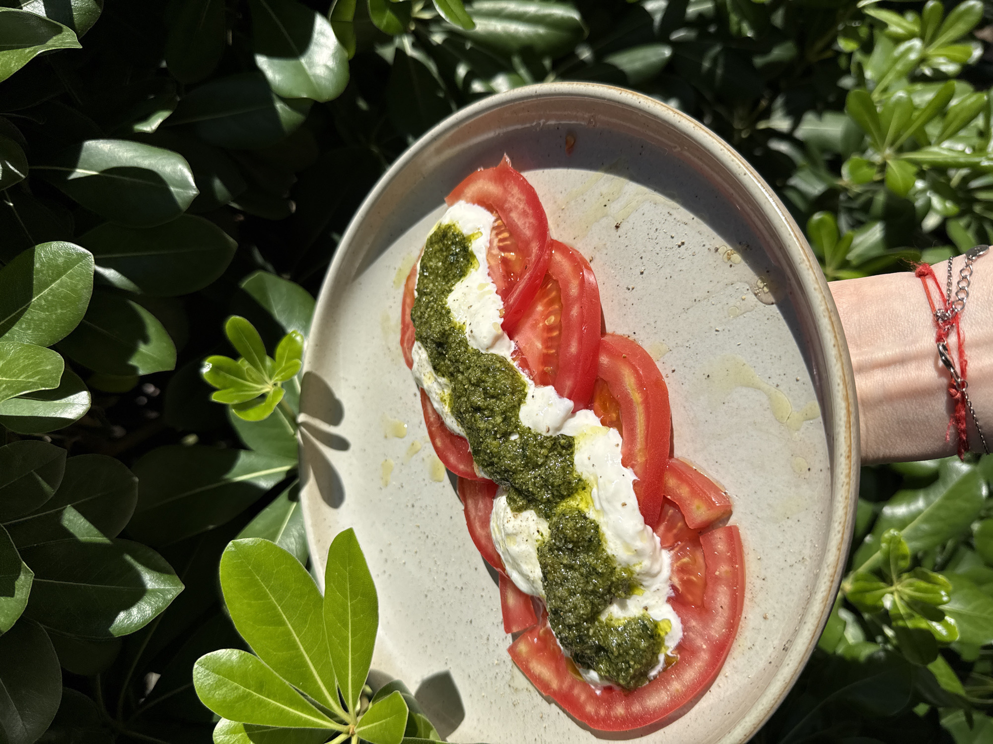 A close-up, overhead shot features a plate of Caprese salad, composed of sliced tomatoes, fresh mozzarella cheese, and a generous dollop of pesto sauce, all artfully arranged and drizzled with olive oil. The plate, a speckled beige ceramic, is held by a hand wearing a red string bracelet, positioned outdoors. The background is a vibrant tapestry of lush green foliage, characteristic of the sun-drenched Mediterranean climate found in Budva, Montenegro, where the bright sunlight casts distinct shadows on the leaves and the food.