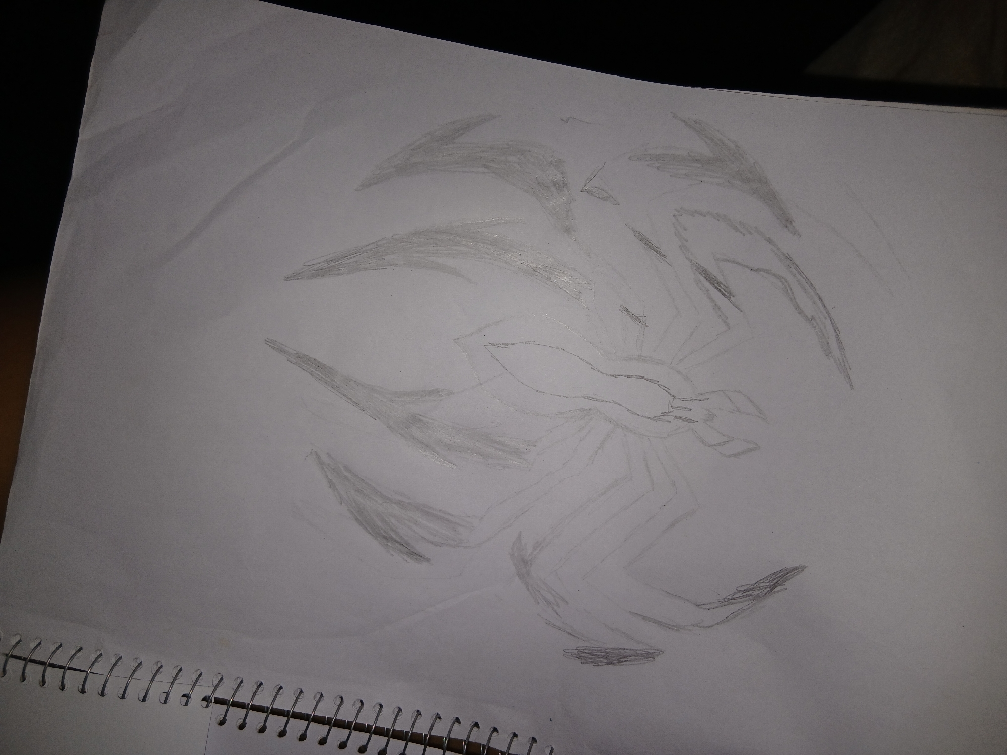 A pencil sketch on white paper, resting on a spiral-bound notebook. The drawing depicts a stylized spider-like creature with a central body and several radiating appendages, possibly legs or claws, arranged in a roughly circular pattern. The drawing is unshaded and appears to be incomplete or a preliminary sketch. There are no discernible clues to indicate a location in Altagracia, Venezuela or any other specific environment. No people or actions are depicted.