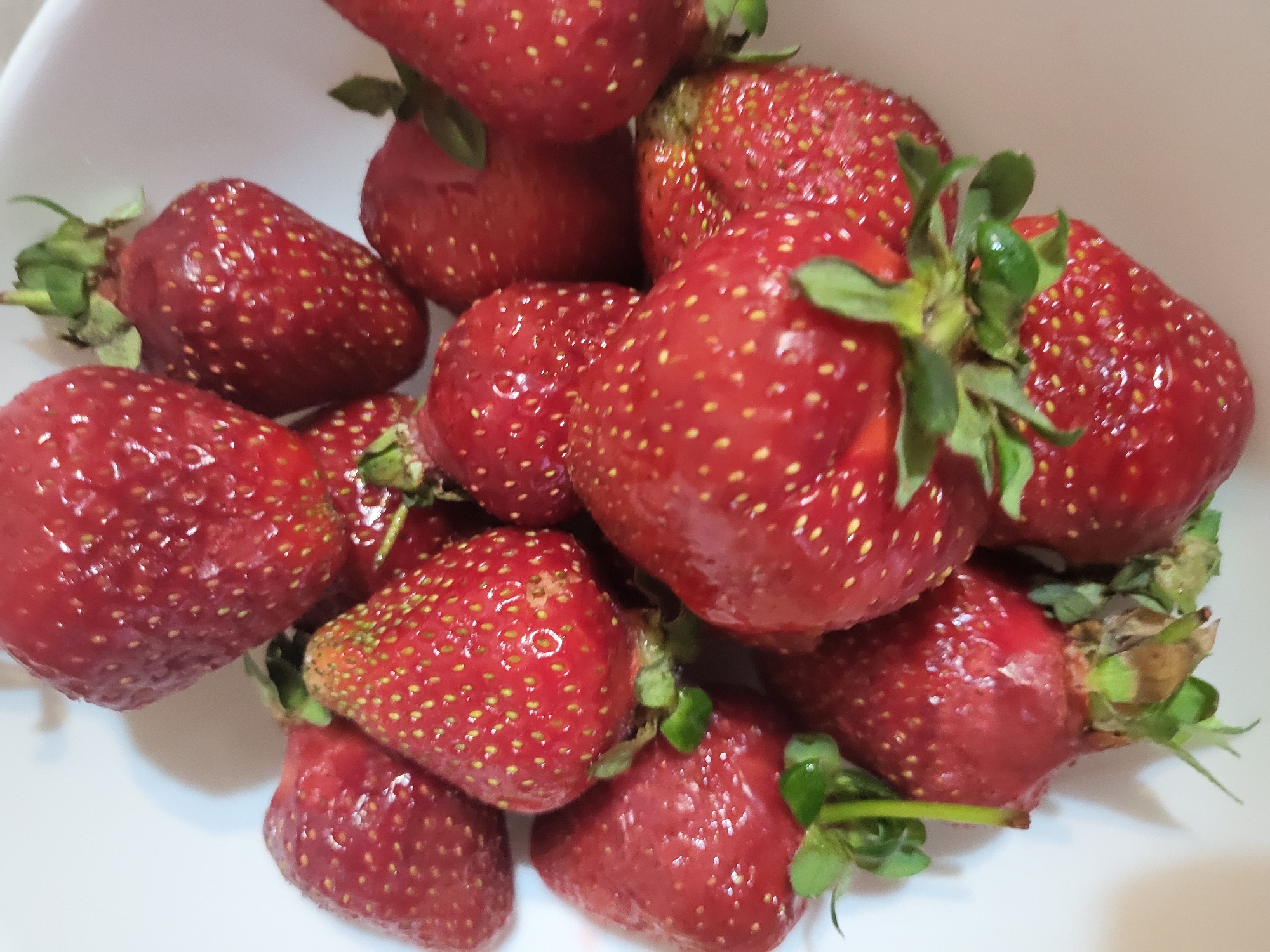 A top-down, close-up shot captures a pile of fresh, ripe red strawberries resting in a white bowl or container. The strawberries vary slightly in shape and size, with many still retaining their vibrant green calyxes (leafy caps) and stems. Their surfaces are dotted with numerous small, yellow achenes (seeds) and appear slightly wet or glistening, suggesting they have either been recently washed or are very fresh. The rich red color of the fruit dominates the frame against the plain white background of the container, which is partially visible around the edges. There is no discernible activity or event taking place, just a still life composition of the fruit. The lighting is soft, highlighting the textures and colors of the strawberries. No text is visible. The scene is set in Yerevan, Armenia.