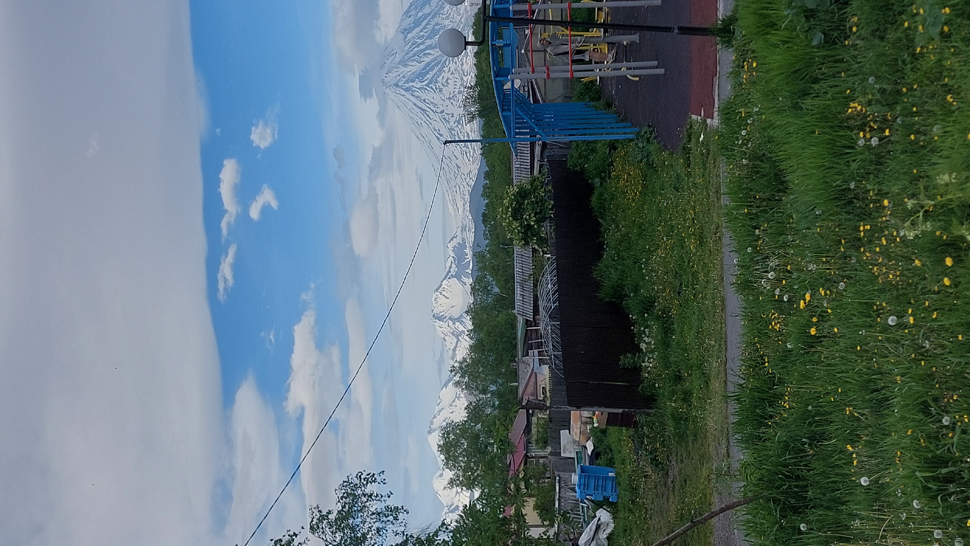 A wide, vertical shot captures a residential area with snow-capped mountains in the background under a partly cloudy sky. In the foreground, lush green grass with yellow wildflowers and white dandelions covers the ground. A dark fence runs horizontally across the middle ground, separating the grassy area from a playground to the right and some structures to the left. The playground features blue metal frames and yellow equipment. To the left, behind the fence, are several small buildings with red and grey roofs, along with some blue plastic containers. The distant background is dominated by a range of imposing, snow-covered mountains, the largest of which is a prominent conical volcano. A power line stretches diagonally across the sky from the upper left to the upper right. The scene appears to be located in a rural or suburban setting within Зелёный, Russia.