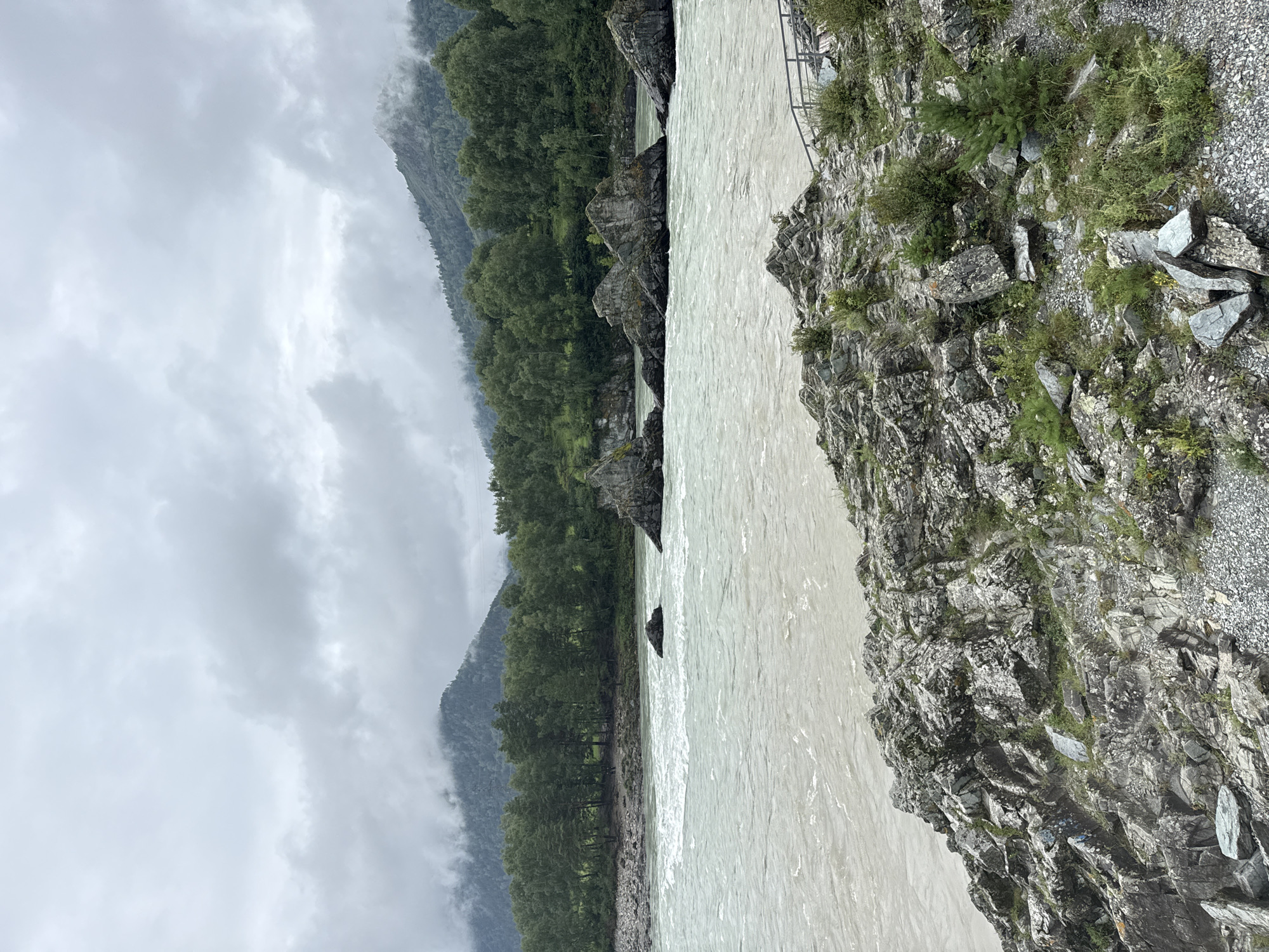 The image depicts a rocky riverbank with a wide, fast-flowing river in the foreground. Jagged grey rocks, some covered with moss and sparse vegetation, dominate the immediate foreground and midground. Several larger rock formations jut out of the river, creating turbulent white water. Across the river, a dense line of green trees forms a natural barrier, backed by a misty, forested mountain range. The sky is overcast with thick grey clouds, contributing to a muted and somewhat somber atmosphere. A metal railing and a pathway are visible on the right side of the riverbank, suggesting a developed area for viewing. The location is identified as Elekmonar, Russia. There are no people or animals visible in the scene.