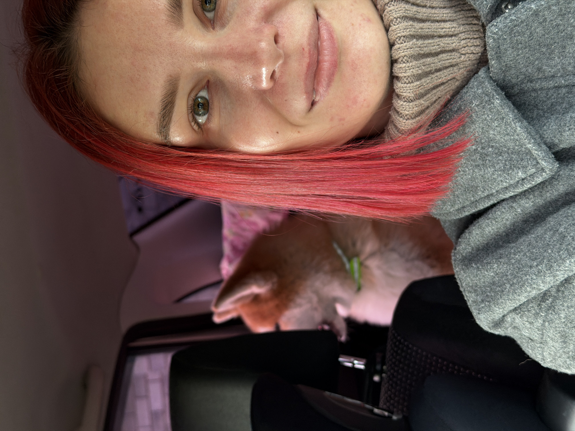 An eye-level close-up selfie captures a woman with bright red, straight hair and striking green eyes, looking directly at the camera with a subtle, pleasant smile. Her fair skin shows natural texture, including visible pores and some minor redness or blemishes on her cheeks and forehead, with a slight sheen on her nose and forehead. She is wearing a beige knitted turtleneck sweater under a grey woolen coat, the lapel of which is visible on the right side of the frame.
Behind her, partially visible and out of focus, is a small dog with light brown and white fur and perked ears, wearing a bright green collar. The scene takes place inside a car, with glimpses of the car's interior, including a headrest, roof, and a window showing blurry outlines of buildings in the background. The lighting suggests it is daytime. The overall impression is one of candid intimacy, possibly captured during a casual outing in Chaikovsky, Russia. There is no visible text in the image.