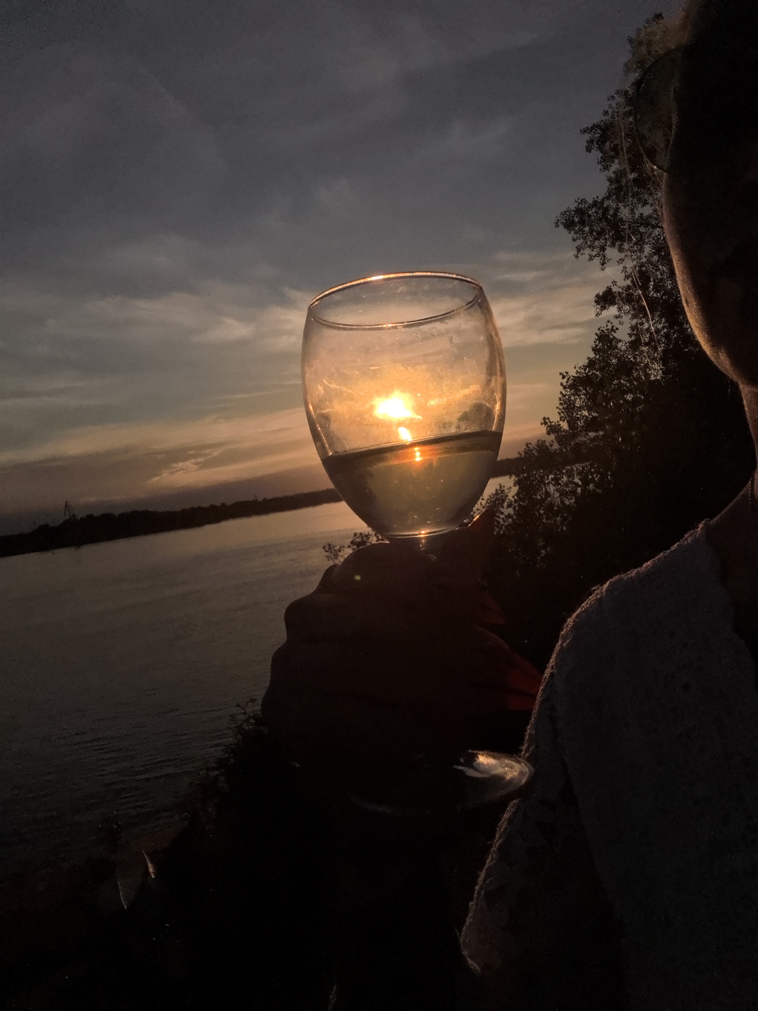 The image captures a serene sunset over a body of water, likely a river, given the location context of Olkhovka, Russia. The sun is a prominent feature, setting behind a person holding a wine glass in the foreground. The warm, golden light of the sunset is reflected in the wine within the glass, creating a striking visual. The sky is a mix of dark clouds and softer, sunset-colored hues, suggesting dusk.
In the background, a silhouetted treeline borders the water, with a few industrial structures faintly visible on the distant shore, hinting at human activity in the area. The water itself is calm, reflecting the subdued colors of the sky.
The focus is on the interplay of light and shadow. The person holding the glass is mostly in silhouette, with only the shoulder and a hint of their face visible on the right side of the frame. The overall mood is peaceful and contemplative, evoking a sense of quiet enjoyment of the natural spectacle. The time of day is clearly sunset, and the weather appears to be clear with some cloud cover. No text is visible in the image.