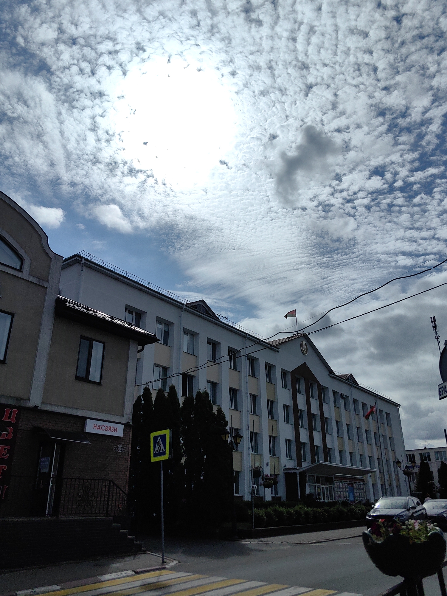 The image captures a view of the administrative building of Pastavy, Belarus, under a partly cloudy sky. The building is a multi-story structure with a light-colored facade and numerous windows. A flag is visible flying from the roofline. In front of the building, there is a paved road with a pedestrian crossing marked by yellow and white stripes. A pedestrian crossing sign, a blue square with a white silhouette of a person walking, is mounted on a pole to the right of the crossing. To the left of the building, a smaller structure has a sign that reads "НАСВЯЗИ" (Nasvyazi), indicating a telecommunications or communication service. The foreground shows a flowerpot filled with colorful flowers. The scene appears to be an outdoor urban environment.