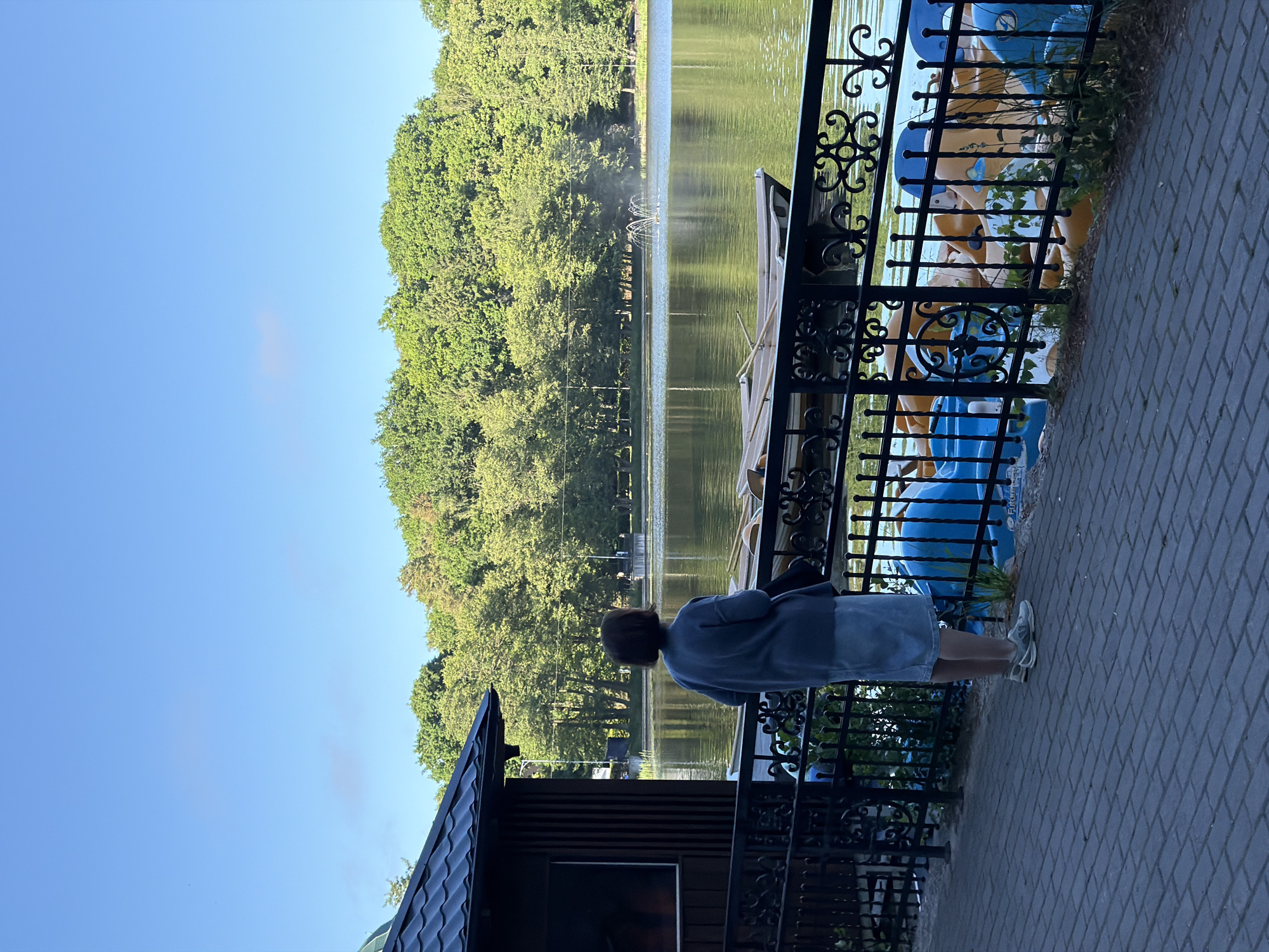 A full shot shows a woman standing on a paved walkway looking at a lake. The woman, seen from behind, has dark hair and is wearing a light blue cardigan over a light blue dress and grey sneakers. She is standing next to a dark brown wooden building with a dark grey roof. A black metal fence separates the walkway from the lake. Several rowboats are docked on the lake. In the background, across the lake, is a line of lush green trees under a clear blue sky with a few wispy clouds. A fountain is visible in the lake. Closer to the foreground, to the right of the woman, is a line of blue and yellow paddle boats behind the fence. The overall scene suggests a park or recreational area in Svetlogorsk, Russia.