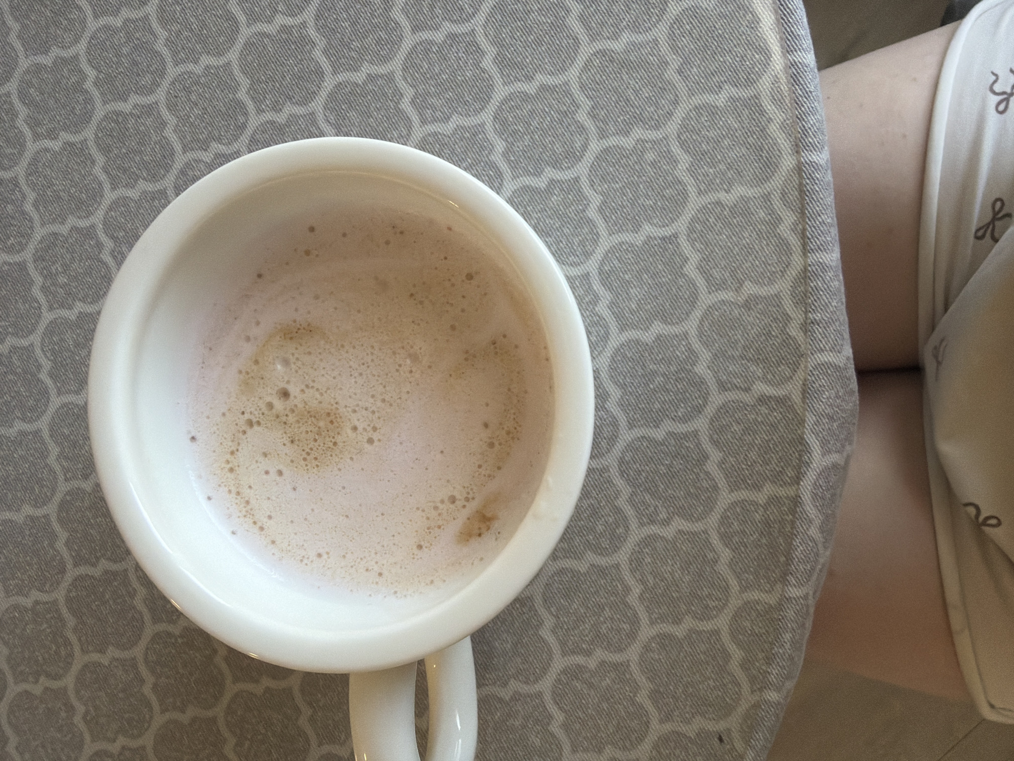 A top-down shot depicts a white, round mug containing a frothy beverage, possibly a latte or cappuccino. The mug is placed on a surface with a gray and white patterned fabric. A portion of a person's leg is visible along the right edge, clad in white shorts adorned with a scissors print. The scene is brightly lit, indicating daylight conditions. The image does not provide information related to the city of Votkinsk, Russia.