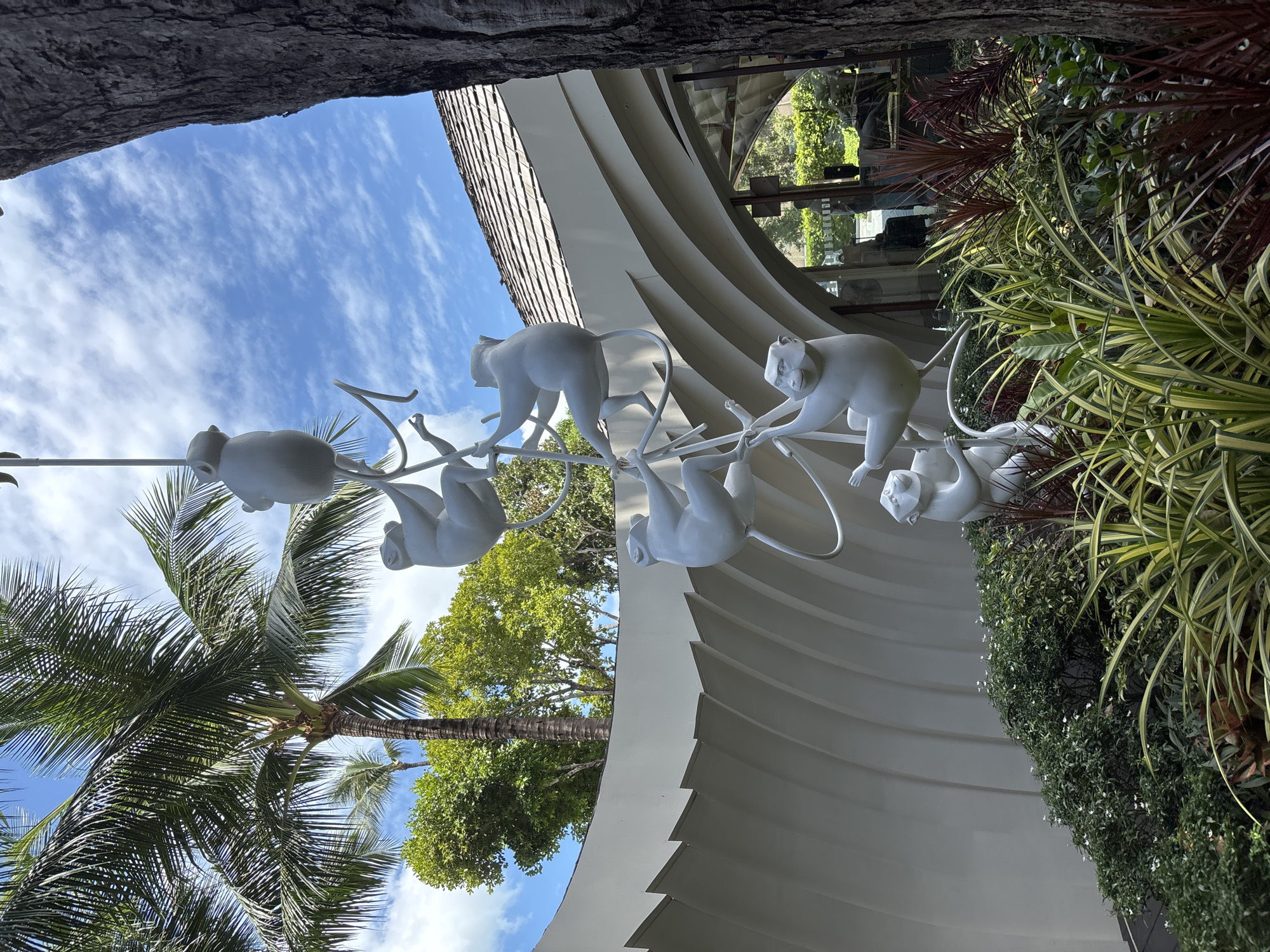 The photograph shows a low-angle view of a monkey sculpture outside a building in Baan Bo Phut, Thailand. The sculpture, painted white, depicts several monkeys hanging from a stylized tree branch. A palm tree and other lush greenery are visible in the background, along with a building with a curved facade. Above, a blue sky with wispy clouds is visible.