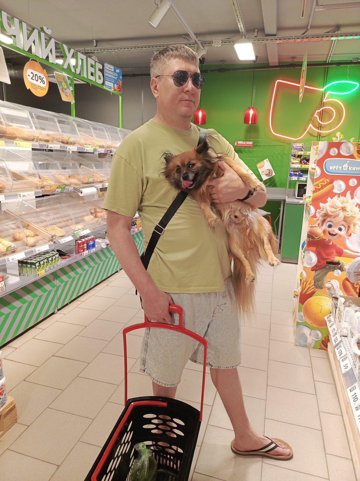 A man with short, gray hair and sunglasses stands in a supermarket, holding a small dog in his arms. The dog has long, brown fur and its tongue is sticking out. The man is wearing a light green t-shirt, gray shorts, and flip-flops. He has a black bag slung across his shoulder. In his other hand, he holds a red-handled black shopping basket, which appears to contain an item wrapped in plastic.
Behind the man, there is a bread section with various baked goods on display. A sign above indicates a 20% discount. To the right, a green wall is visible with a neon sign depicting a cup of coffee. Next to that, there's a poster with a cartoon character and the words "ИГРУ Ш КИНС" written on it.
The floor is tiled with light-colored squares. The scene appears to be a typical shopping environment within a supermarket.