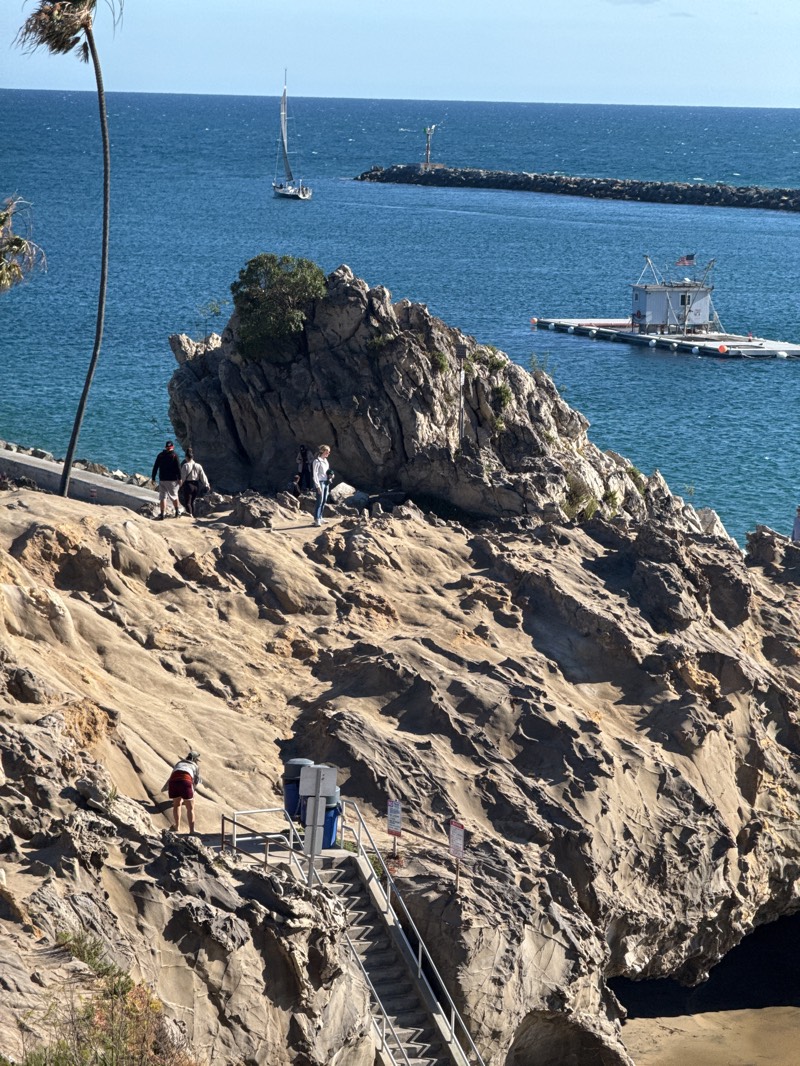 This media file captures a vibrant coastal scene in Newport Beach, United States, characterized by rugged rock formations and the expansive Pacific Ocean under a clear sky.
In the foreground and midground, massive, weathered rock outcrops dominate the landscape, exhibiting varied textures and shades of brown and beige. A long, thin palm tree trunk arcs gracefully into the upper left of the frame. Several individuals are present, exploring the rocky terrain. One person, dressed in a red top and dark shorts, is seen walking on a path carved into the rocks, positioned above a set of concrete stairs with metal handrails that descend into the lower parts of the formation. Further up on a large rock, a group of three to four people are walking near a small patch of green foliage, while another person in a light top and jeans stands nearby.
The bright blue ocean stretches into the horizon, with several notable features. A white sailboat with its main sail up is cruising across the water, moving away from the shore towards the right. In the distance, a long, rocky breakwater extends into the sea, with a small lighthouse or navigational beacon marking its end. Closer to the right, a white floating structure, possibly a harbor office or lifeguard station, complete with an American flag, is moored on the calm water.
Near the top of the visible stairs, two blue trash cans are present alongside a white signpost and several smaller signs. While specific text is difficult to discern, these appear to be warning signs or informational placards, one with a red border typically indicating caution or danger. The scene depicts a clear, sunny day, likely morning or afternoon, fostering a recreational and explorative atmosphere.