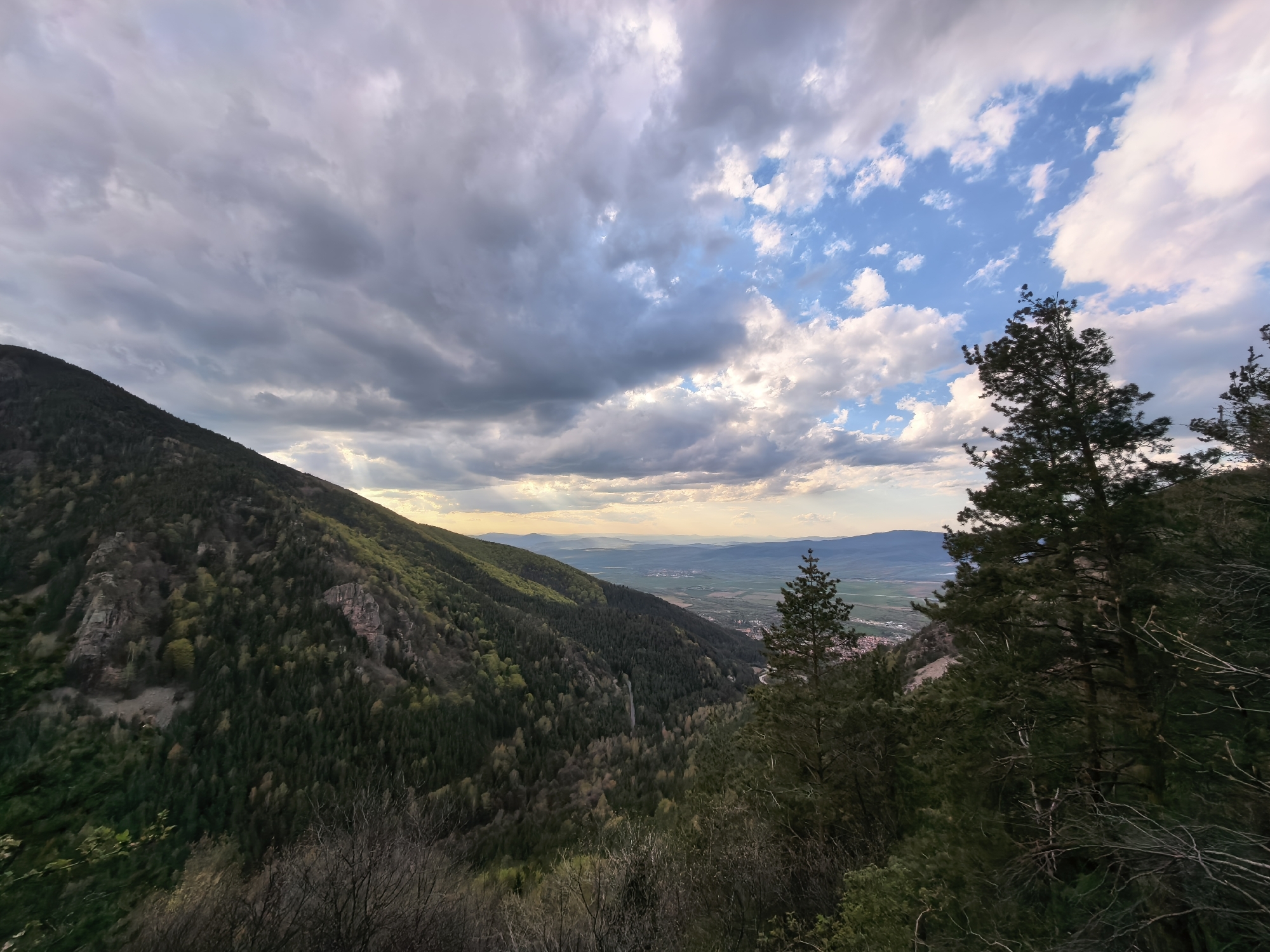 This media file captures a panoramic, elevated view of a mountainous landscape in the region of Sapareva Banya, Bulgaria. The scene is dominated by a vast forest and a dramatic sky, likely photographed in the late afternoon or early evening.
In the foreground, dark, dense foliage of coniferous trees and some deciduous trees with visible branches frame the bottom and right side of the image, suggesting a viewpoint from within a forested area. The immediate midground features a steep mountain slope, heavily forested with a mix of dark green evergreen trees and patches of lighter green deciduous trees, possibly indicating new spring growth. Rocky outcrops are visible on this slope, adding texture and geological interest.
Below the mountain, a wide valley stretches into the distance, revealing a patchwork of fields and a small town or village characterized by visible red roofs. Beyond the valley, successive layers of distant mountains and hills fade into a soft haze on the horizon.
The sky is a prominent and dynamic element, with heavy, dark grey clouds dominating the upper left, transitioning to patches of vibrant blue sky adorned with white, fluffy clouds on the right. Towards the distant horizon, golden light from the setting or rising sun pierces through the clouds, casting visible sunbeams (crepuscular rays) over the landscape.
No people or explicit activities are visible, emphasizing the natural beauty and solitude of the mountain environment. There is no visible text in the image. The overall impression is one of serene natural grandeur and changeable weather.