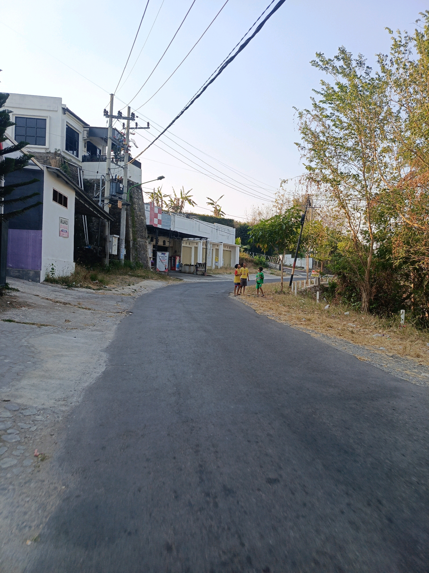 The image depicts a street scene in Ringinagung, Indonesia, likely during daylight hours given the clear sky and illumination. The perspective is from a slightly elevated position, looking down a paved road that curves to the right.
On the left side of the road, a multi-story building with a white facade and dark-framed windows is visible. Part of this building appears to be constructed on a stone embankment. Adjacent to it is a smaller, attached structure with a purple-painted section and a white facade, featuring a sign with Indonesian text, possibly indicating a shop or office. Further down the street on the left, a row of single-story commercial buildings with open fronts and awnings lines the road. Signs with various text and logos are present, including one that appears to be for "JNE" (a courier service).
On the right side of the road, the terrain is more natural, with dry, yellowed grass and scattered trees. A power pole with numerous wires is a prominent feature. Three young boys are standing on the grassy shoulder of the road on the right, facing towards the left, possibly interacting or observing something. One boy is wearing a yellow shirt, another a green shirt, and the third, partially obscured, also appears to be in yellow. Beyond the boys and the trees, the landscape slopes upward, with more vegetation.
The road surface is asphalt, showing some wear and tear. Overhead, power lines crisscross the sky, and in the distance, more trees and buildings can be seen. The overall impression is a moderately developed urban or semi-urban area with a mix of commercial structures and natural elements.
