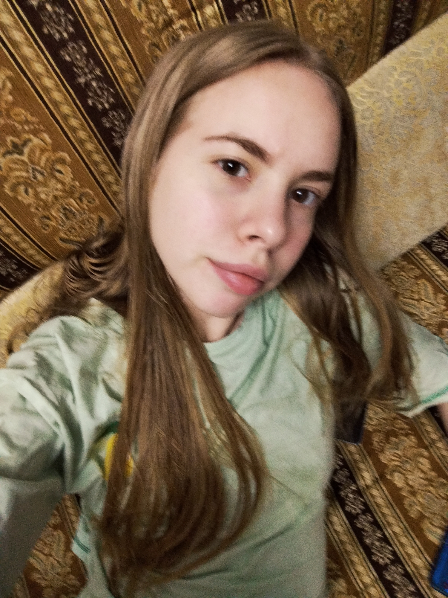 A medium shot of a young woman with long, straight brown hair, taken from a slightly high angle. She is looking towards the camera with her head tilted. Her skin is fair with rosy cheeks. She has brown eyes and natural-looking eyebrows. Her lips are slightly parted and appear to be a natural pink color. She is wearing a light green t-shirt. The background consists of a patterned sofa with brown and gold stripes and floral motifs. The lighting is warm and appears to be from an indoor source.