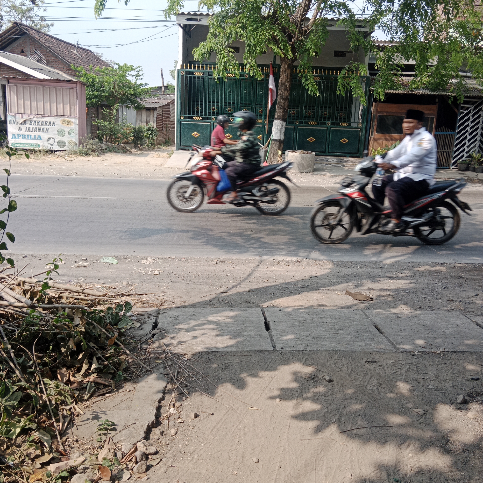 In Tegowanu Kulon, Indonesia, this image captures a street scene on a sunny day. A paved road runs horizontally through the frame, with a dusty embankment to the right. On the road, two motorcycles are in motion, creating motion blur. The motorcycle on the left is red and black, carrying two individuals, one wearing a maroon shirt and helmet, and the other a camouflage jacket and helmet. The motorcycle on the right is black and red, ridden by a person in a white long-sleeved shirt and black pants, wearing a black peci (a cap) and sunglasses. To the left of the road, a small building with a pink facade is visible, featuring a sign with Indonesian text that includes "ANAK BAKARAN & JAJANAN APRILIA" and a phone number. Behind this building, a darker, corrugated metal structure and a brick building with a tiled roof are partially obscured by trees. The background reveals a green metal gate with ornate gold accents in front of a house, and more greenery from trees. The foreground on the right side of the road shows a concrete sidewalk and a patch of dirt with tire tracks and scattered debris, including a brown leaf and some small stones. A pile of dry branches and leaves is present on the left side of the foreground. The sky above is clear and bright.