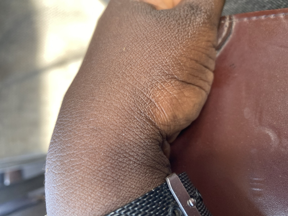 In Zankan, Nigeria, the scene presents a close-up, downward-facing view of a dark-skinned human left hand and wrist. A watch with a black mesh band and a silver-colored clasp is present on the wrist. The hand is resting, with its palm facing down, on a reddish-brown object that appears to be a leather-bound item, possibly a book, notebook, or wallet, showing some subtle texture and faint scuffs. The background beyond the hand and object is out of focus, characterized by diffuse light and shadow.