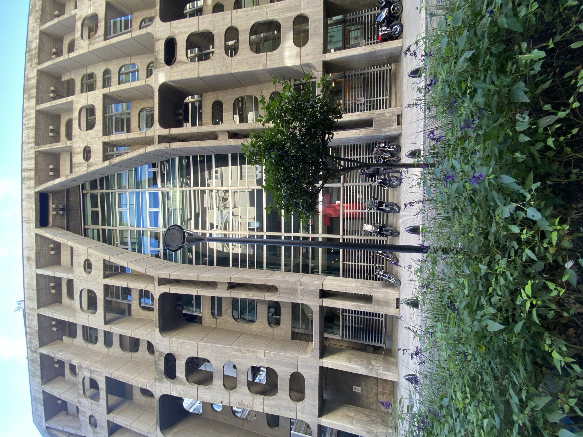 The image depicts a Brutalist architectural building, specifically the Banco de Londres building in Buenos Aires, Argentina. The building's facade is constructed of concrete with distinctive recessed, rounded-rectangular openings and a large glass-windowed central section. A street lamp stands in front of the building. A tree and a cluster of green plants with purple flowers are visible to the right, partially obscuring the lower floors. Motorcycles are parked in front of the building. The sky is visible in the background. The image is rotated, so the building appears to be lying on its side.