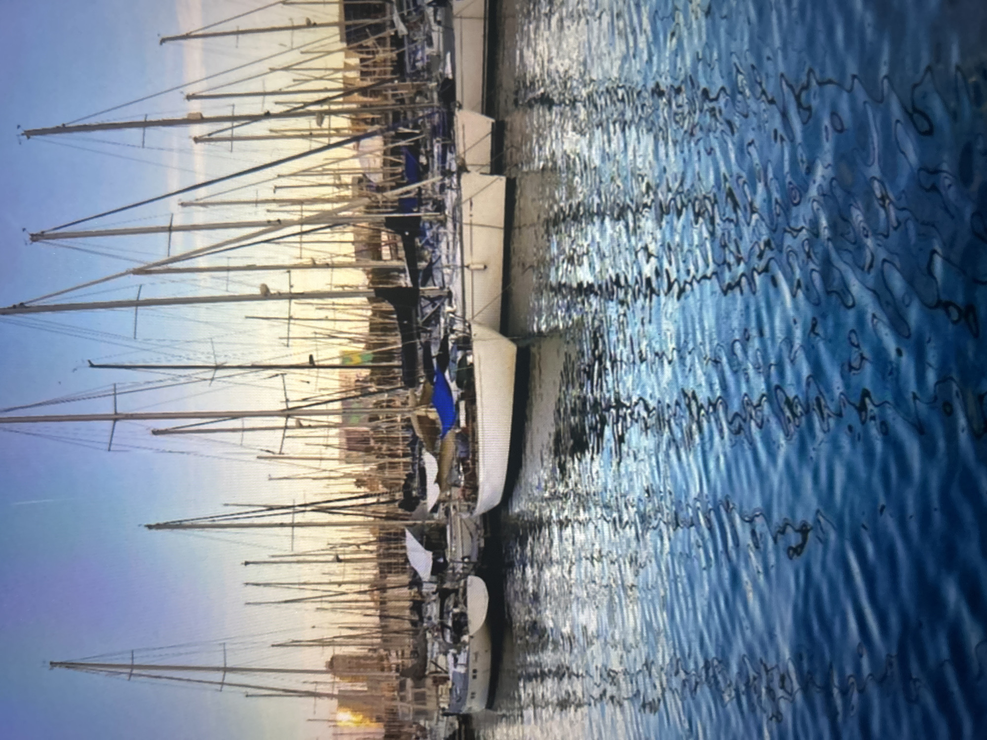 The image, when correctly oriented, depicts a marina filled with numerous sailboats docked closely together. The scene is dominated by the tall, slender masts of the sailboats, which rise vertically against a clear, expansive sky. These masts, along with their intricate rigging, create a dense, almost linear pattern across the left side of the frame.
The boats themselves feature predominantly white hulls, lined up along a dock that runs horizontally through the image. One particular boat stands out with a noticeable blue sail cover. The water in the foreground and midground is a deep, rich blue, characterized by pronounced ripples and waves that fragment and distort the reflections of the boats and the sky, creating a painterly effect.
The lighting suggests either an early morning or late afternoon, with a warm, soft glow illuminating the masts and hulls, and a gentle gradient from pale yellow to light blue visible in the sky, hinting at sunrise or sunset. The overall atmosphere is tranquil and still. There are no people visible, and no specific activities are taking place on or around the boats; they appear to be at rest in the harbor. No discernible text is visible anywhere in the image.