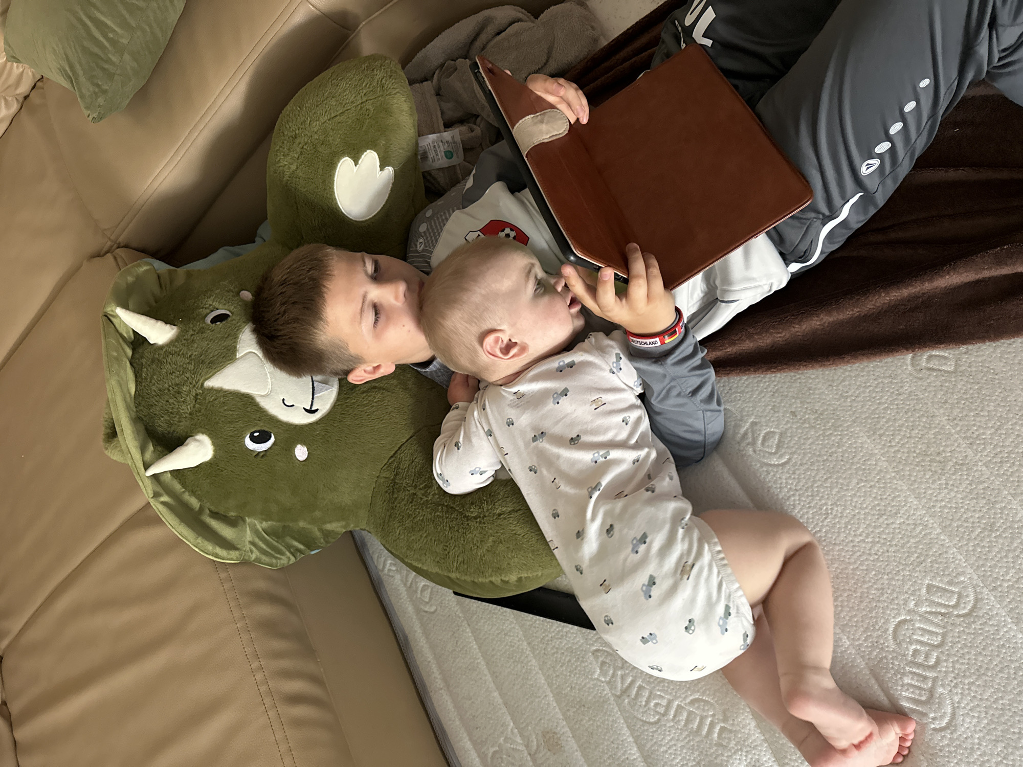 A medium-angle, eye-level shot depicts a young boy reading a book to a baby who is lying on his chest, nestled against a large green stuffed dinosaur. The older boy, who is wearing grey athletic pants and a grey long-sleeved shirt, holds a brown book open in front of him. He is also wearing a wristband with the colors of the German flag and the word "Deutschland" printed on it. The baby is wearing a white onesie with a small car pattern on it. They are lying on a grey mattress that is partially on a light brown couch. The location is implied to be Fredenbeck, Germany.