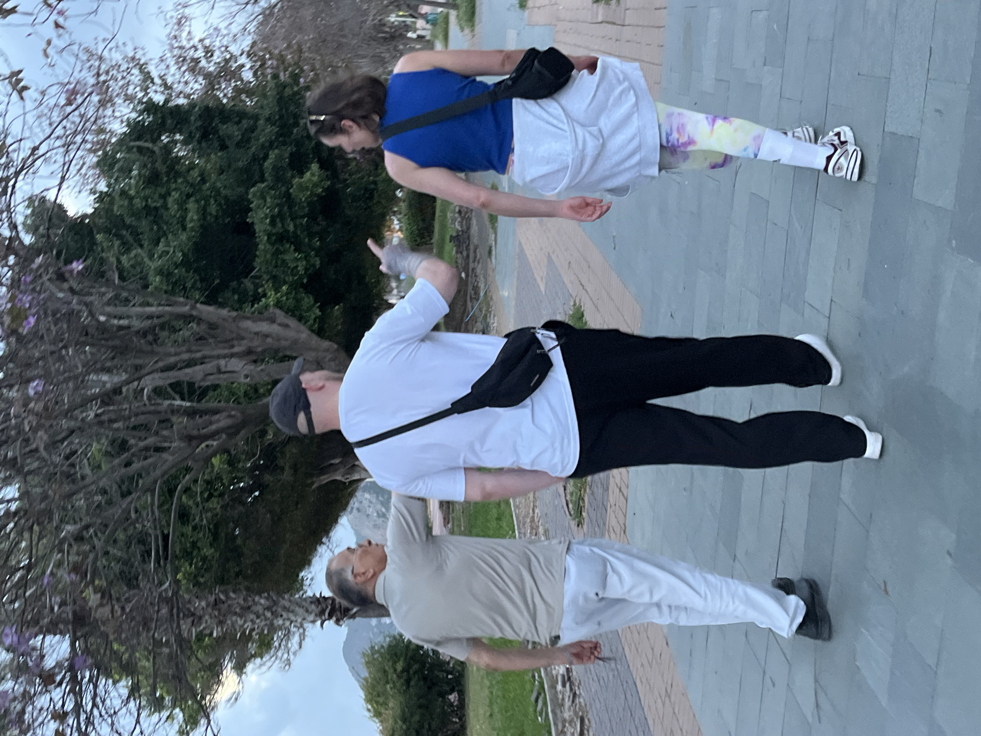 Three people are walking on a stone-paved path in Alanya, Turkey. The person nearest to the camera is wearing a tan shirt and white pants, and has short gray hair. The person in the middle is wearing a white shirt, black pants, a black cap, and a black shoulder bag, and is gesturing with their left hand. The third person is wearing a blue shirt, white shorts, and patterned leggings. All three people are facing the same direction. The background includes trees, grass, and buildings.