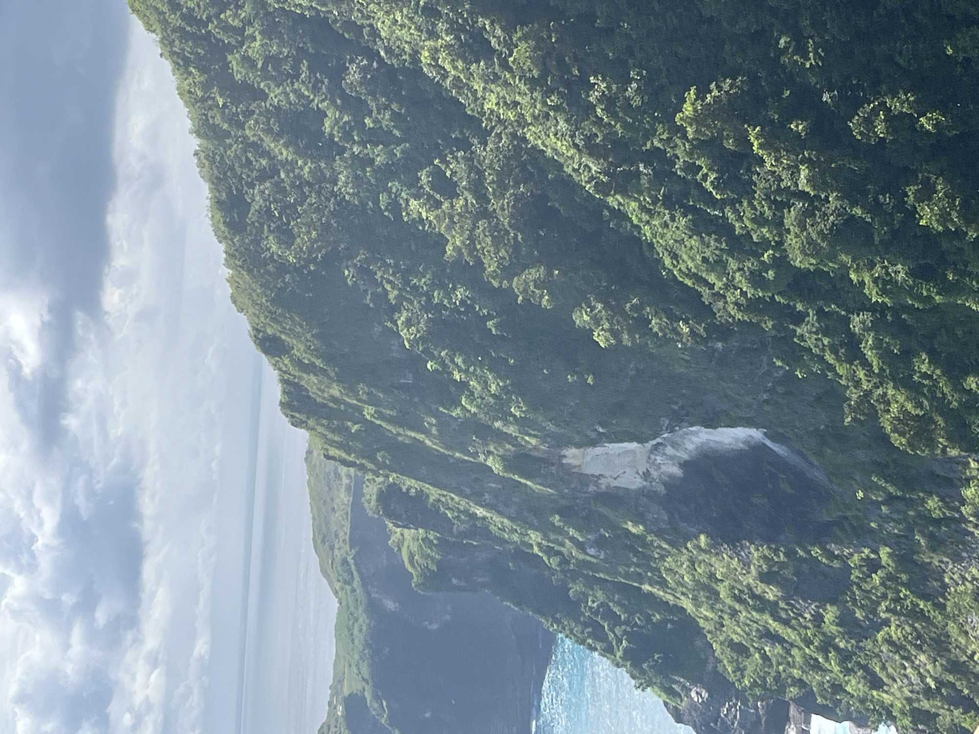 This vertical image showcases a dramatic and lush coastal landscape, characteristic of Nusa Penida, Indonesia.
The primary subject is a massive, steep cliff or mountain face, densely covered in vibrant green foliage, dominating the right and central portions of the frame. The vegetation appears rich and healthy, indicative of a tropical climate. A distinct patch of lighter-colored, possibly exposed rock or earth, is visible amidst the greenery on the slope of the main cliff.
At the bottom left, the clear, turquoise waters of the ocean meet the base of the landmass, suggesting a coastline with cliffs dropping into the sea. In the distance, further land formations or islands are visible, partially obscured by atmospheric haze, creating layers in the expansive view.
The sky fills the top and left areas of the image, displaying a mix of bright areas and scattered clouds, indicating a daytime setting, likely late morning or early afternoon. No specific activities or events are taking place; the scene captures a static natural vista. There are no people, man-made objects, or visible text in the photograph. The image conveys a sense of untouched natural beauty, grandeur, and tranquility.