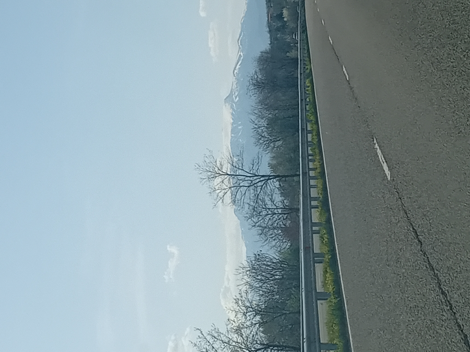 The image displays a scenic view from a moving vehicle, originally captured in portrait orientation but visually depicting a landscape. On the right side, an asphalt road with faded white dashed lines stretches into the distance, appearing dark gray and speckled. A metal guardrail runs parallel to the road, forming a boundary with a roadside embankment where patches of green grass and dirt are visible.
Beyond the guardrail and embankment, numerous deciduous trees with bare branches are scattered across the mid-ground, suggesting either late autumn or early spring. In the background, majestic mountains rise, their peaks partially covered with snow or ice, indicating a higher elevation or colder climate. The sky is a clear, light blue, with a few soft, wispy white clouds scattered across it. The overall impression is one of serene travel through a mountainous, natural landscape during daylight hours. No people, animals, or visible text are present in the image.