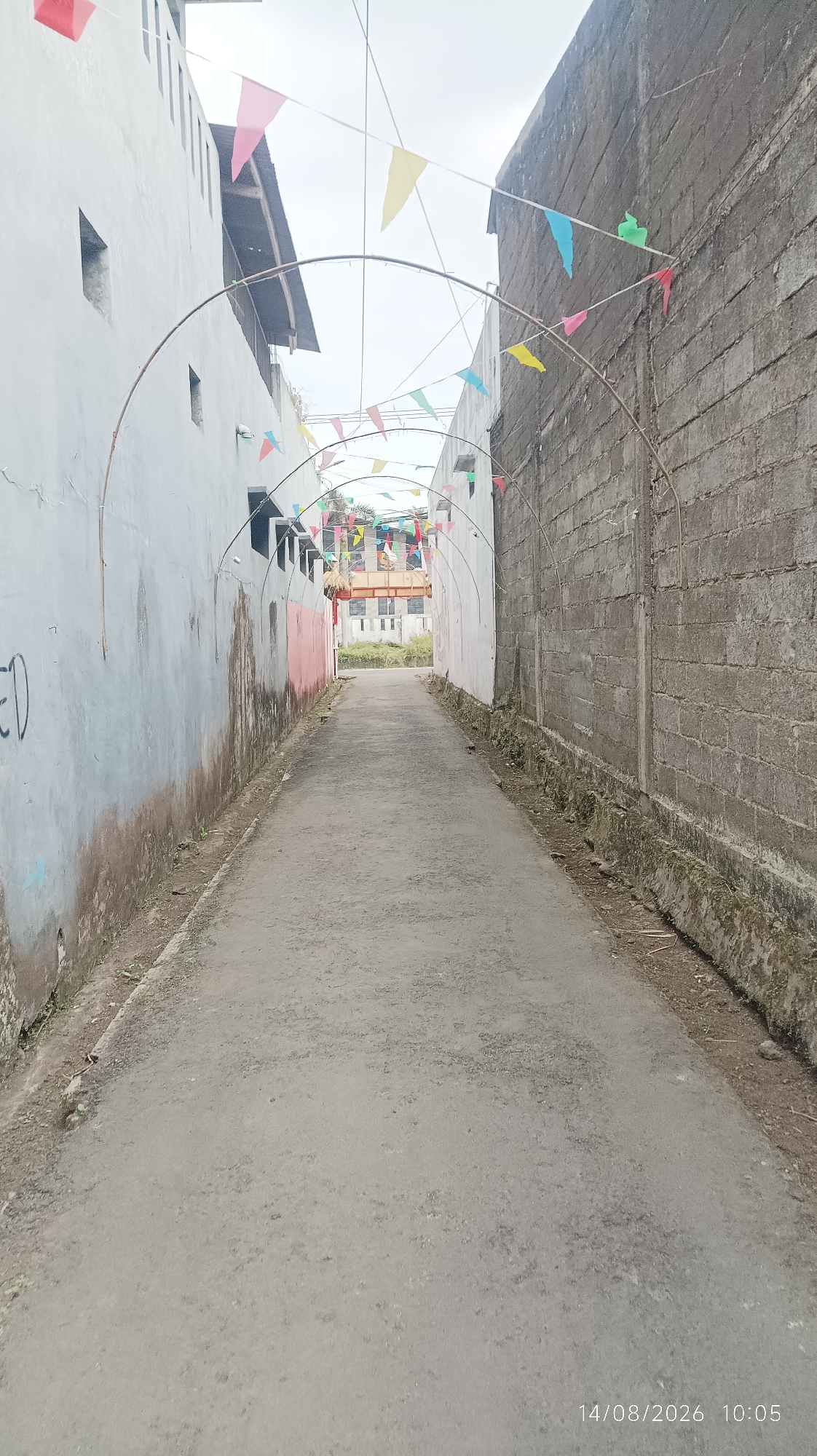 An outdoor, eye-level, medium shot shows a narrow asphalt alleyway flanked by a tall, light-colored building with a rough texture on the left and a tall, rough, grey brick wall on the right. The alleyway recedes into the distance, leading to a structure with multiple windows and a tiered roof. A string of colorful triangular flags is suspended in arches across the alleyway, supported by arched frames made of thin, light-colored material. The flags are a mix of red, pink, yellow, blue, and green. The wall on the left has some graffiti in dark blue, and the brick wall on the right appears to have moss and plant growth at its base. The sky is overcast and grey. A timestamp in the bottom right corner reads "14/08/2026 10:05". The scene depicts a festive or celebratory decoration within a residential or urban alley.