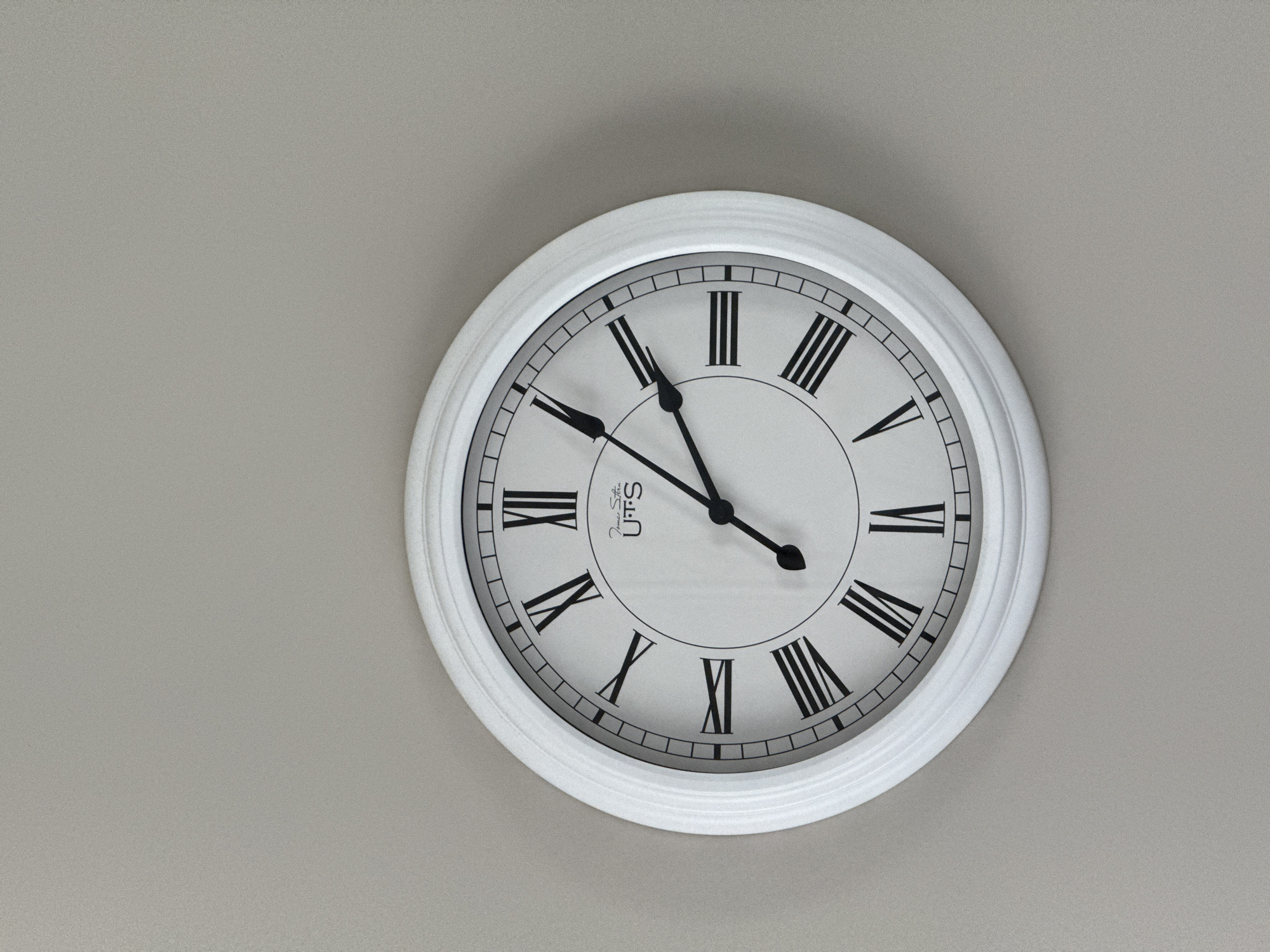 A white circular wall clock is prominently displayed against a plain, light grey wall. The clock features a classic design with a clean white frame and a matching white face. Black Roman numerals mark the hours, with the number four uniquely represented as "IIII" rather than "IV". Fine black minute markers are also visible around the perimeter of the clock face.
Two black hands indicate the time: a shorter, broader hour hand and a longer, narrower minute hand. The hour hand is positioned just before the Roman numeral V, and the minute hand points directly to the Roman numeral X, indicating the time is approximately 4:50.
In the center of the clock face, black text identifies the brand as "James Salvin" above "U.T.S.", accompanied by a small decorative flourish. The clock casts a soft shadow on the wall, suggesting a light source from the upper left and indicating it is slightly raised from the surface. The wall itself appears to have a subtle, fine-grained texture. The image focuses solely on the clock, with no other objects or activities visible.