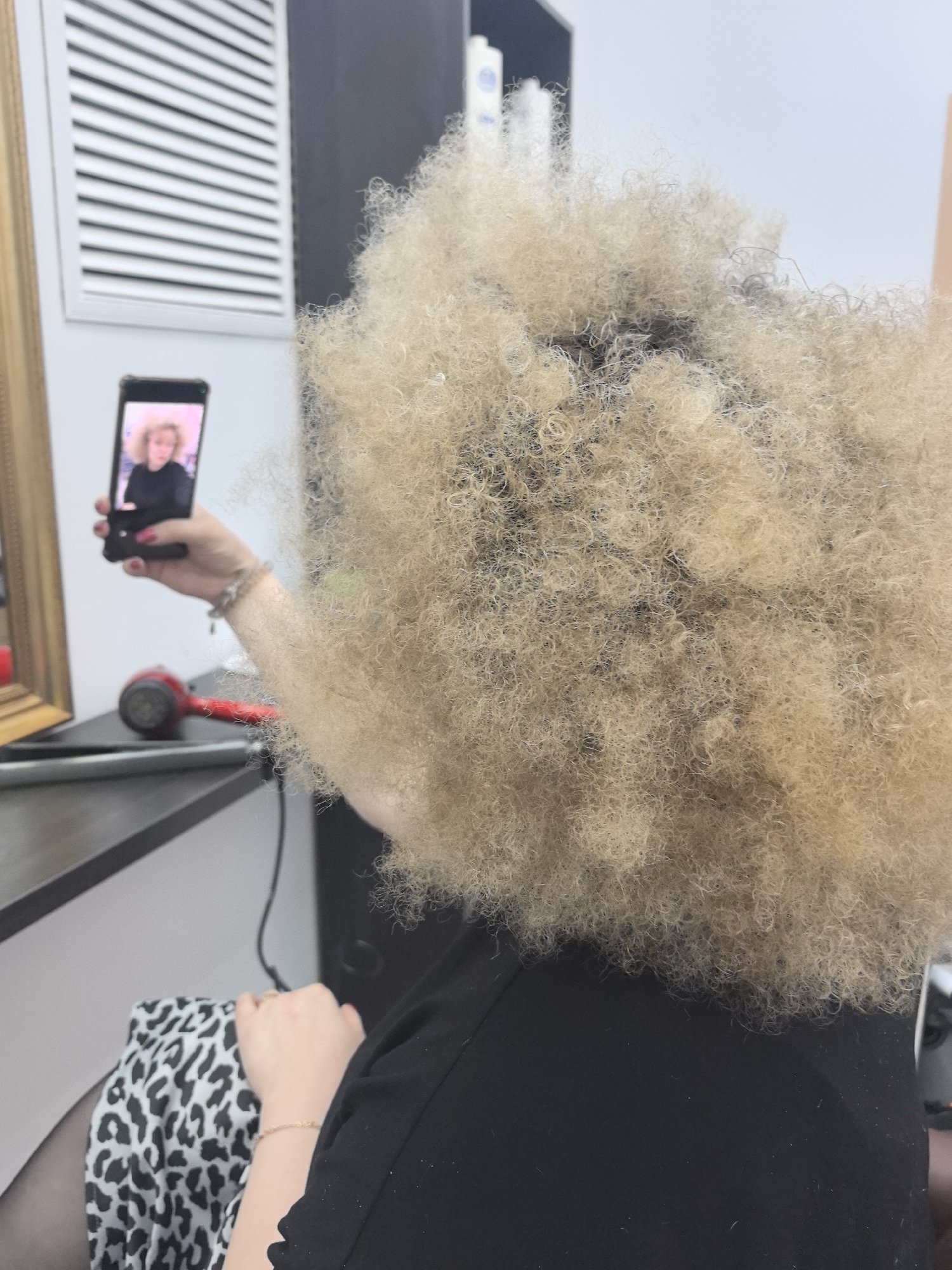 The image shows a woman with a large, blonde, afro-like hairstyle, obscuring much of her face and upper body. She is holding a smartphone up in her left hand, displaying an image of a woman with a similar hairstyle in a black top. The woman in the photo is wearing a black top and has a bracelet on her left wrist. She is seated, wearing a black top, and a skirt with a white and black animal print. Behind her is a counter with a red hairdryer and a mirror with a gold frame. The background shows a wall with a vent and hair care products on shelves. The setting appears to be a hair salon, possibly located in the city of Chaikovsky, Russia.