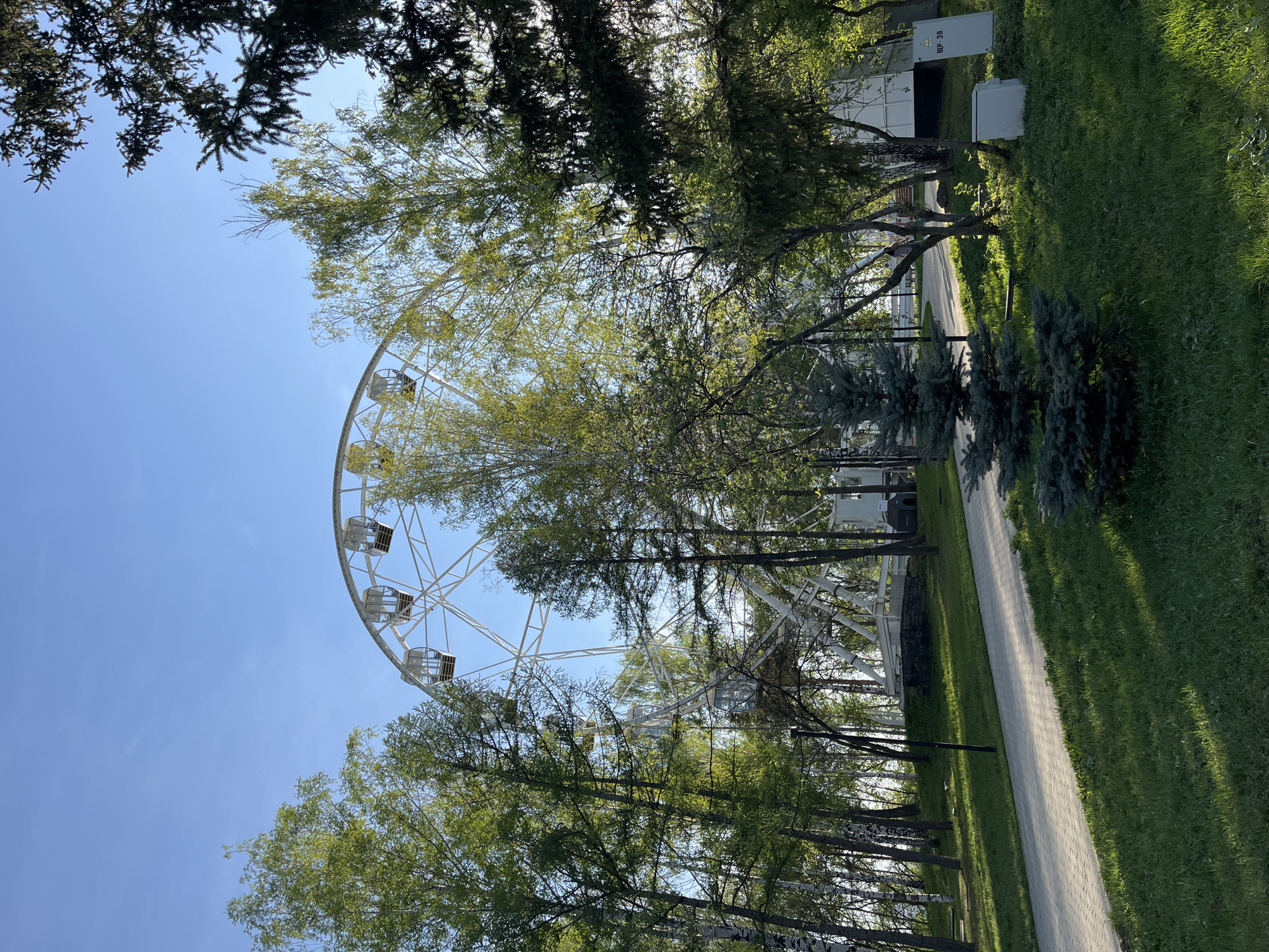 The image shows a Ferris wheel in Yekaterinburg, Russia. The Ferris wheel is white and has enclosed cars. The photo is taken from below the Ferris wheel, looking up through the trees. A paved pathway runs to the side of the wheel, and green grass is visible. Some service buildings are on the right side of the path. The sky is blue.