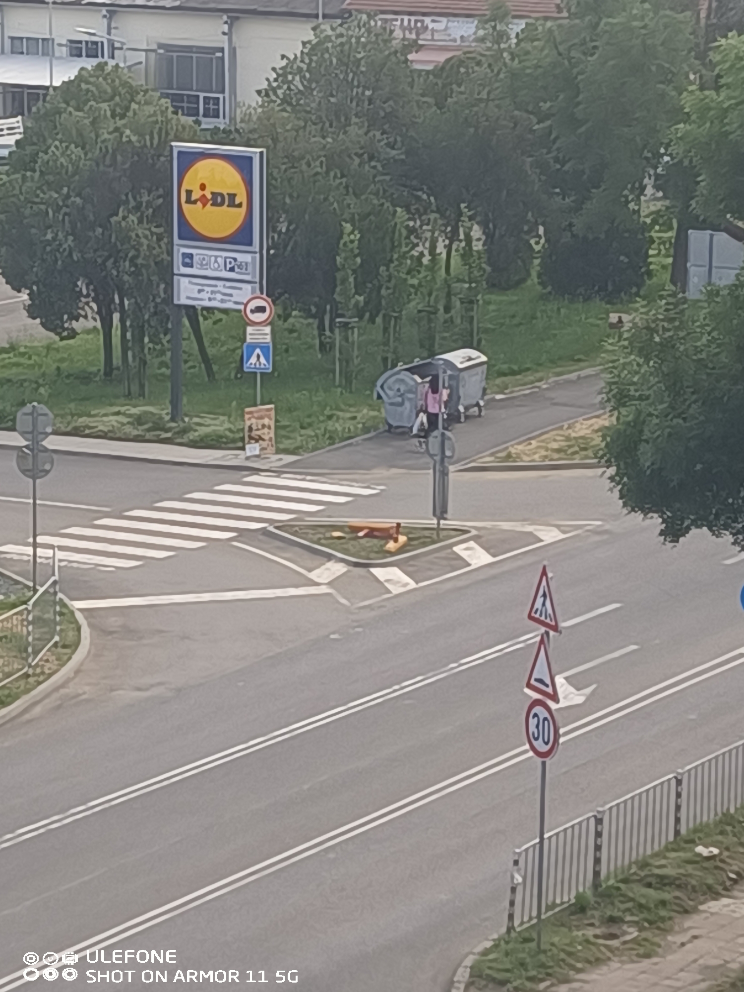 An elevated daytime photograph captures a street intersection in an unknown city. A prominent blue and yellow vertical sign for "LIDL" is situated on the left, displaying the company logo, parking information, and additional regulatory symbols. Directly below this sign, a circular regulatory sign with a red border and a white horizontal bar is visible, along with a blue square sign indicating a pedestrian path.
The asphalt road features a clear pedestrian zebra crossing and white double-line markings. A small, triangular, landscaped island with a small orange object, possibly a playground element, is located within the intersection.
On a paved area adjacent to the main road, to the right of the pedestrian crossing, two large, grey, wheeled communal trash bins are present. A single individual, wearing a pink top, stands between these bins, appearing to interact with them, with a bicycle or handcart positioned nearby.
On the right side of the road, a single pole supports three stacked traffic signs: a red triangular warning sign for a pedestrian crossing at the top, a red triangular warning sign for a road hump in the middle, and a circular speed limit sign displaying "30" at the bottom. A grey metal fence runs along the lower right foreground, separating the roadside from a grassy area.
The background shows dense green foliage from numerous trees and bushes, interspersed with white buildings featuring dark windows, indicative of a developed urban or suburban environment. The overall lighting suggests an overcast sky or soft daylight conditions.