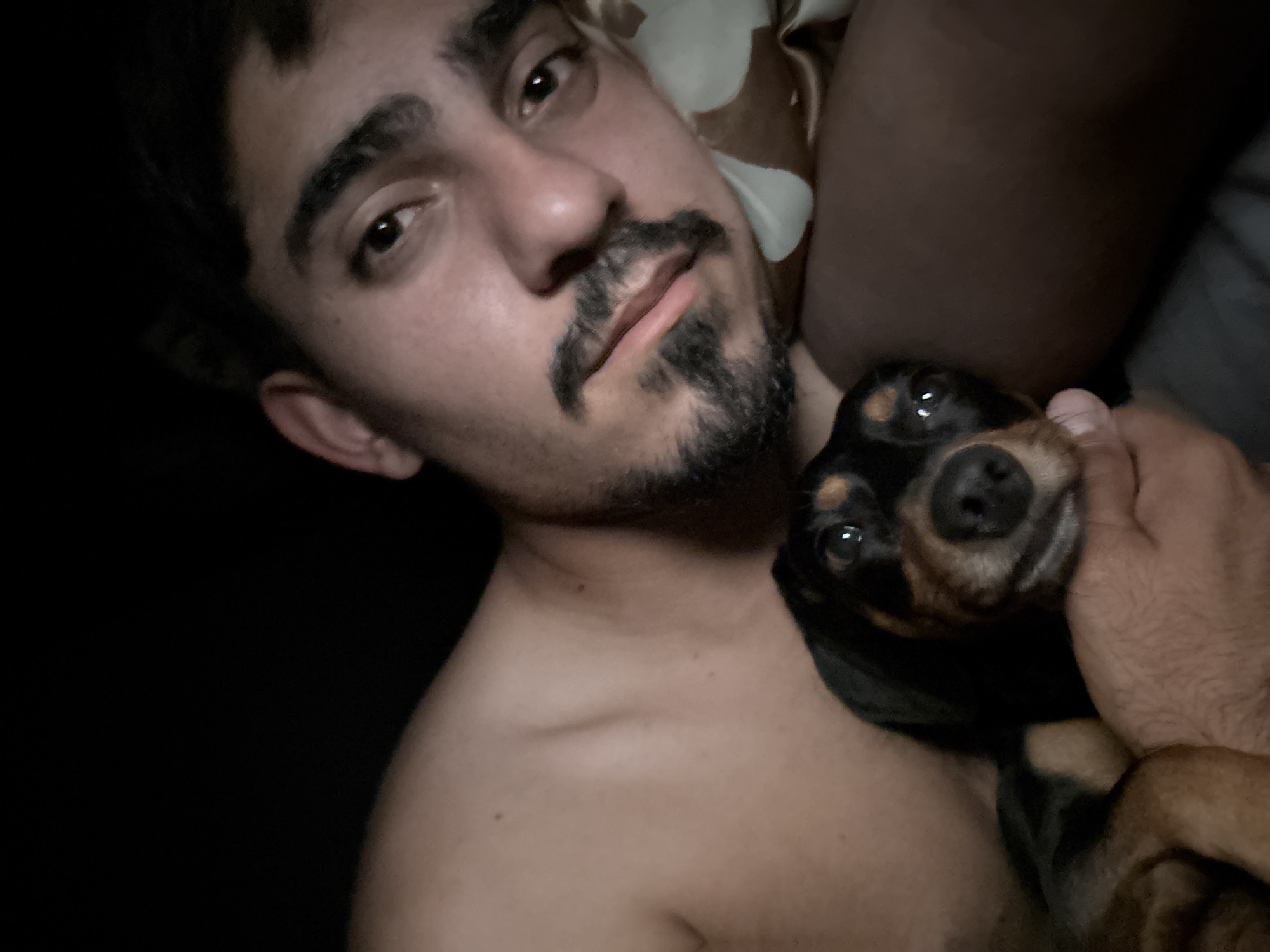 A man is holding a small black and brown dog close to his chest. The man has dark hair, a mustache, and a goatee. The man and dog are inside, and the lighting is dim. It is impossible to determine the location is San Fernando del Valle de Catamarca, Argentina from the image.