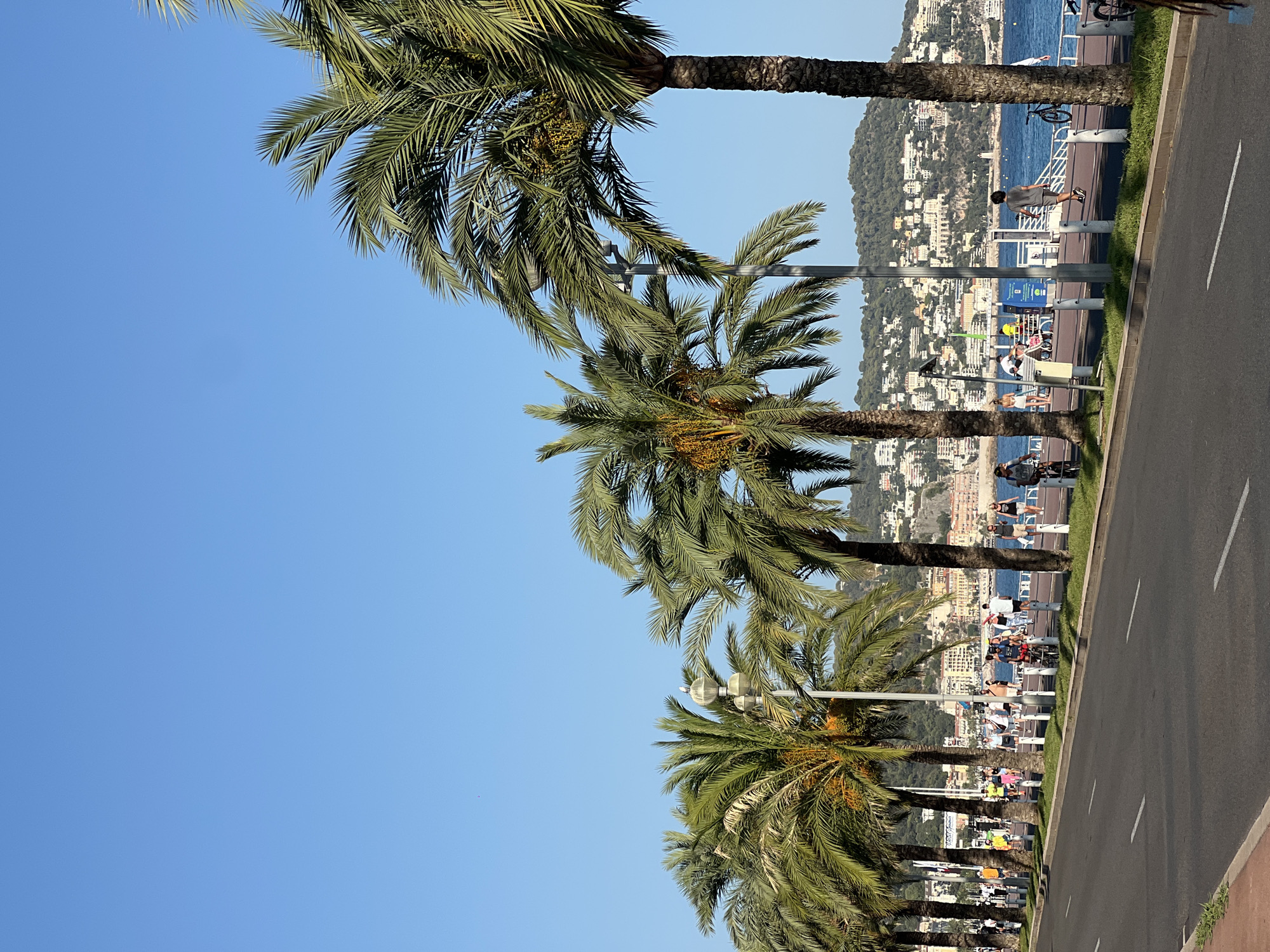The image depicts a sun-drenched promenade in Nice, France, with the Mediterranean Sea in the background. A line of mature palm trees borders the walkway, casting dappled shade on the scene. The promenade is bustling with activity: individuals are strolling, cycling, and sitting, enjoying the pleasant weather. A road runs alongside the promenade, with a few cars visible. The city of Nice is visible in the distance, with its characteristic colorful buildings cascading down a hillside towards the sea. The sky is a clear, vibrant blue.