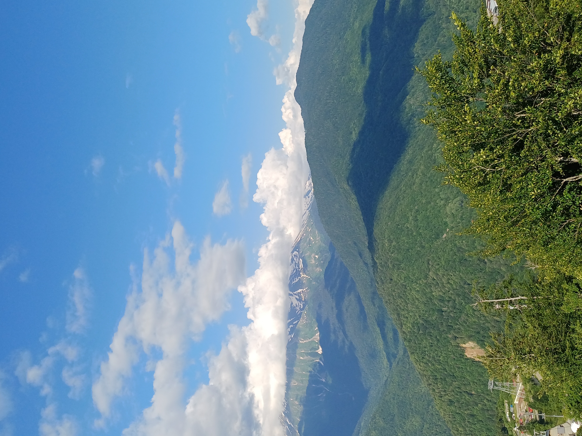 This is a vertical, wide-angle photograph taken from a high vantage point, likely a mountainside in Estosadok, Russia. The image captures a vast, mountainous landscape under a bright blue sky dotted with fluffy white clouds.
The foreground features a lush, green tree with vibrant foliage on the right side of the frame. Beyond the tree, the scene unfolds to reveal rolling, densely forested mountains that recede into the distance. Some of the higher mountain peaks show patches of snow, suggesting a cool climate or a transition between seasons. Dramatic shadows are cast across the mountainsides, indicating the sun is positioned to the left and slightly behind the viewer.
In the middle ground, a layer of white clouds partially obscures the mountain slopes, adding depth and a sense of atmospheric perspective. Lower down on the right side, near the bottom of the frame, a ski lift infrastructure is visible, with cables and towers suggesting a resort or recreational area. A few buildings and possibly roads can be discerned amongst the trees at the base of the mountain.
The time of day appears to be daytime, likely late morning or early afternoon, given the bright sunlight and clear sky. The weather seems fair and pleasant, suitable for outdoor activities. The overall impression is one of natural beauty, grandeur, and the tranquility of a mountain environment. There is no visible text in the image.