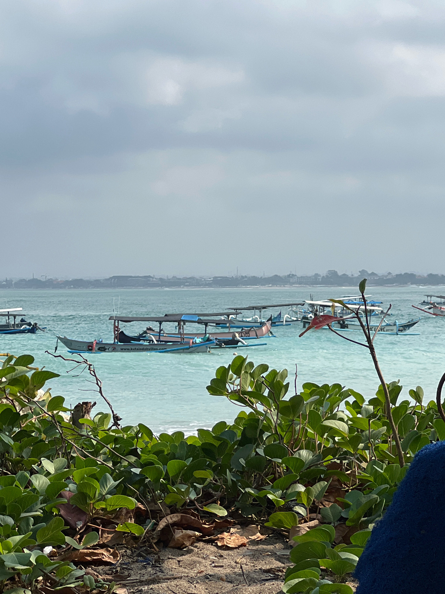 This image captures a view of Kuta Beach in Kuta, Indonesia. In the foreground, lush green foliage and dry leaves cover the sandy shore, with a portion of a person wearing a blue garment visible on the right. Beyond the vegetation, the turquoise waters of the ocean are dotted with numerous traditional Jukung boats, some of which are anchored and others appear to be in the water. The boats are a mix of colors and sizes, with canopies providing shade. In the distance, a hazy shoreline is visible, with a line of buildings suggesting the urban sprawl of Kuta. The sky is overcast with soft, diffused light. One of the boats in the middle ground displays a website address, "www.kutaindahvillas.com," indicating its commercial use. The overall scene depicts a serene, albeit slightly hazy, day at a popular Indonesian beach.