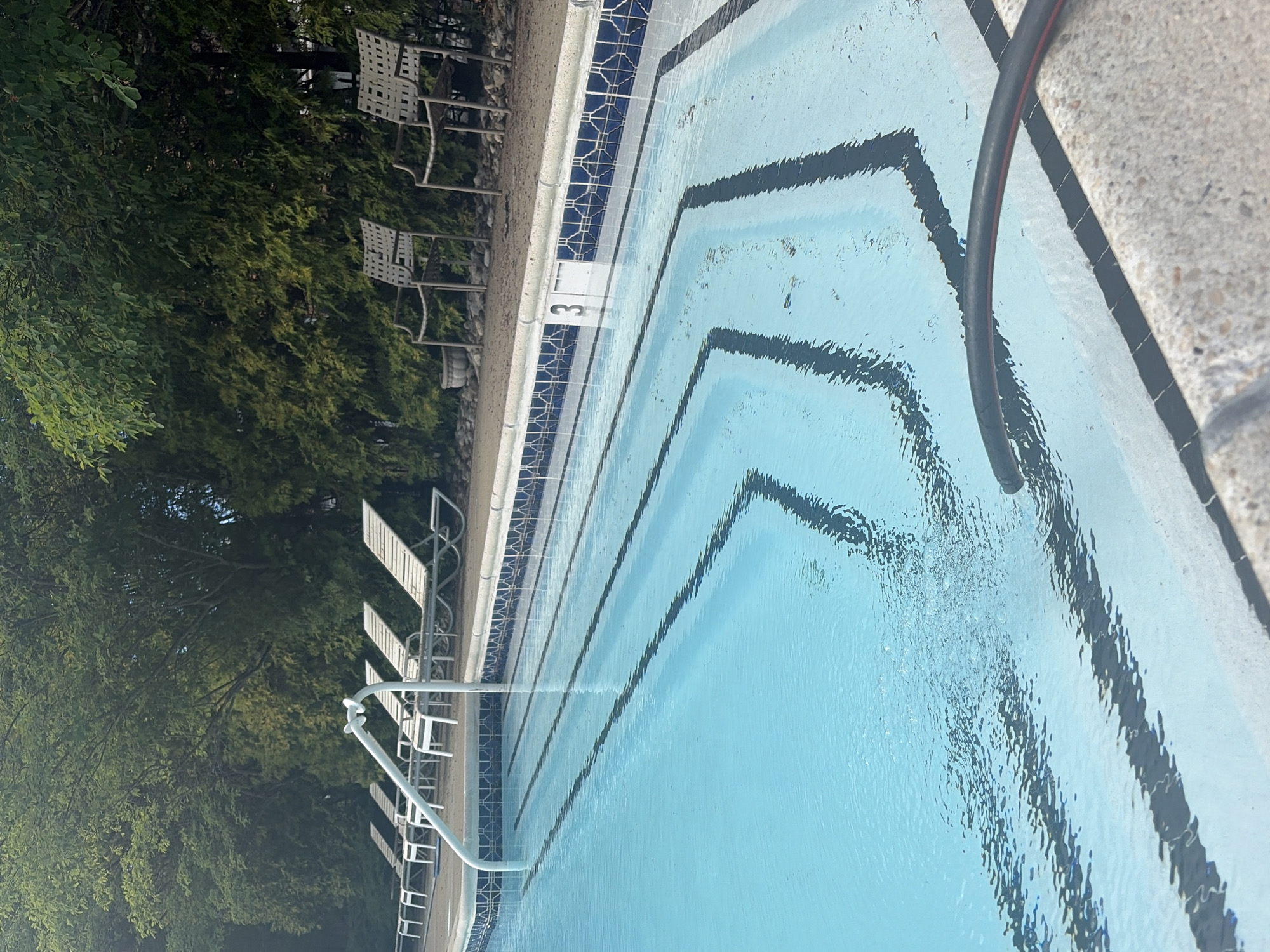 The image depicts a swimming pool with a ladder and a hose extending into the water. The pool has black lane markers and is surrounded by a tiled border and concrete coping. Lounge chairs are visible alongside the pool, with trees in the background. The location is indicated as Edison, United States of America, but there are no further specific location details visible in the image. There are no people visible in the image.