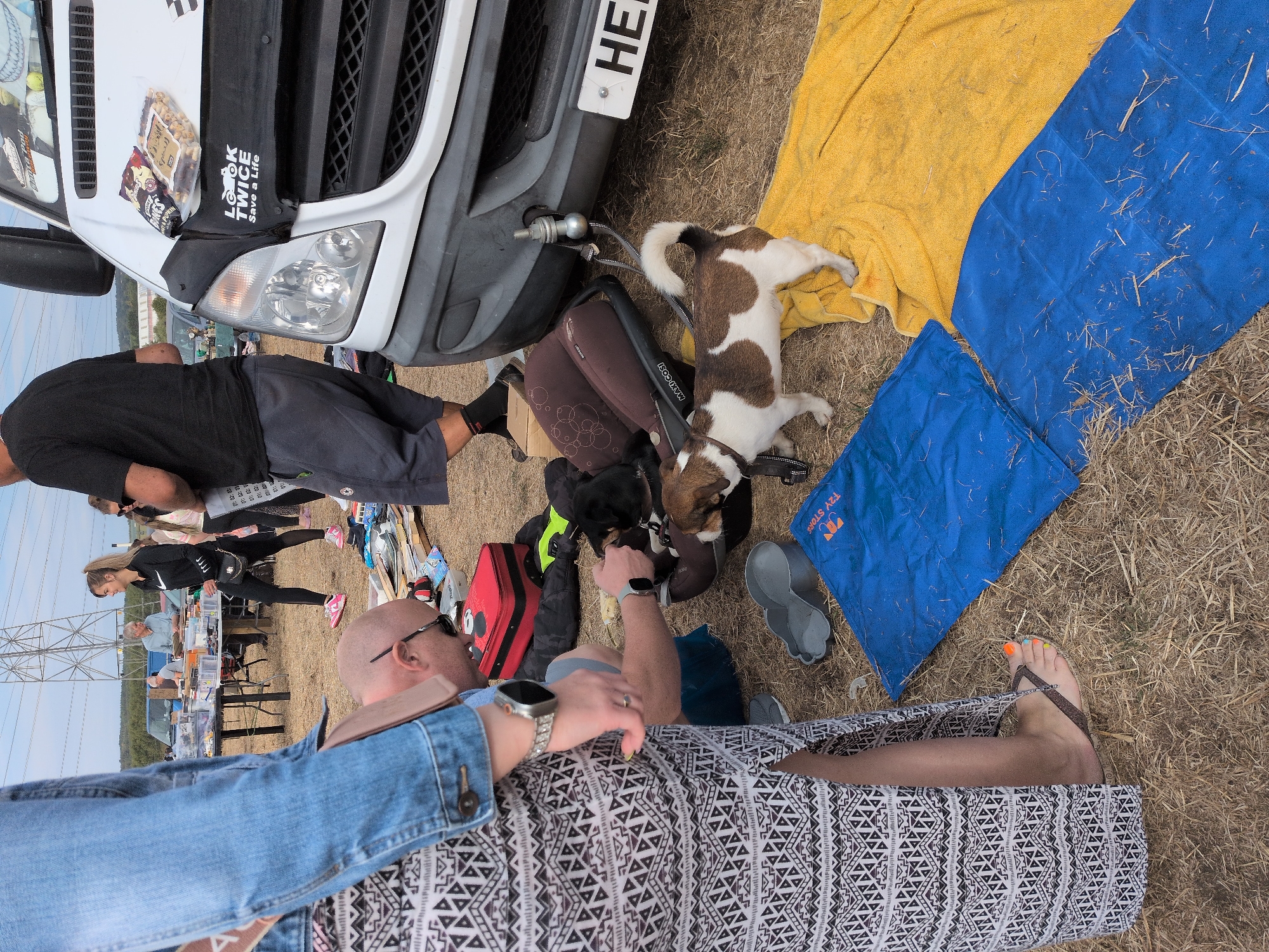 This image captures a scene at an outdoor market, likely a car boot sale, given the presence of a white van and various items laid out on blankets and tables. The location is identified as South Staffordshire, United Kingdom.
In the foreground, a person wearing a long, patterned dress and a denim jacket is partially visible, with their legs and lower torso in focus. Their flip-flops and brightly painted toenails are noticeable. To their right, a man with a shaved head and sunglasses is leaning down, interacting with a small dog. The dog is a Jack Russell terrier with brown and white markings, standing on a yellow blanket. Another dog, a black and tan terrier mix, is also present, lying down.
The background shows a typical market setup with tables laden with goods, including boxes and what appears to be books or other merchandise. Several people are browsing or working at the stalls. In the distance, a large pylon and trees suggest a semi-rural or edge-of-town setting. The ground is covered in dry grass and straw, typical of an outdoor event. A white van, identified by a license plate starting with "HE," is parked nearby, possibly serving as a vendor's vehicle. There are also several blue and yellow blankets spread out on the ground, likely used for displaying items for sale. A metal dog bowl is also visible. The overall atmosphere appears casual and busy, typical of a weekend market.