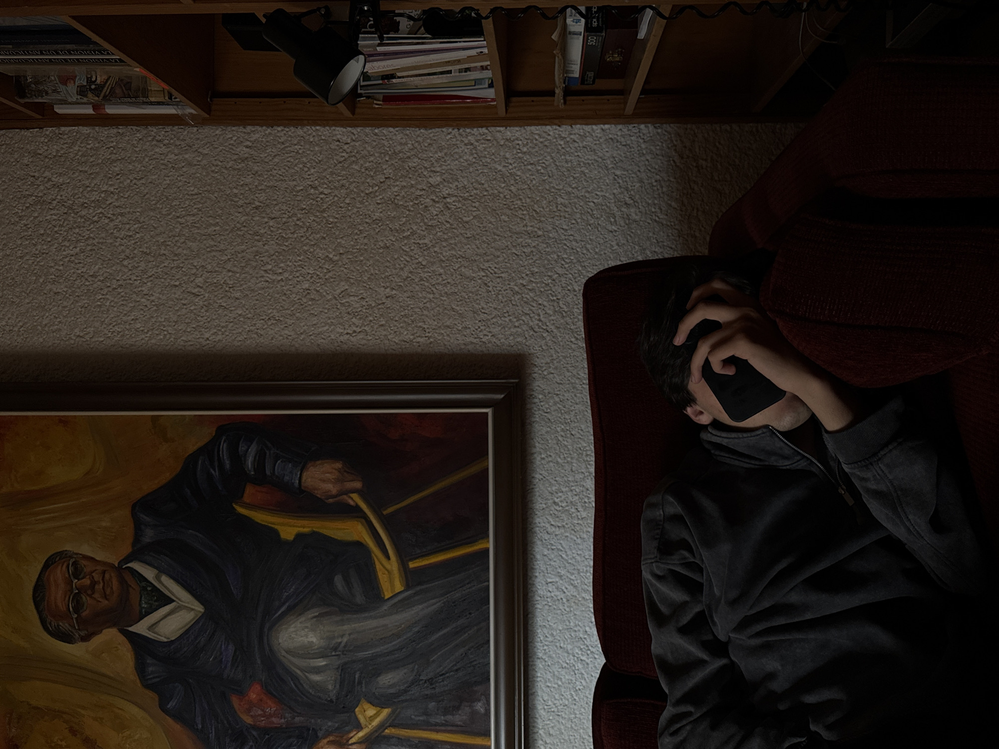 A dimly lit interior shot depicts a person reclining on a dark red sofa, holding a mobile phone up to their head. The person is wearing a dark-colored hooded zip-up jacket. The person is positioned near a textured white wall, on which hangs a framed portrait of a man in a dark suit and glasses, seated in a yellow chair. Above the wall, there's a shelf unit holding books and a black lamp. The setting is possibly in Mexico City, Mexico based on the books on the shelf and the portrait.