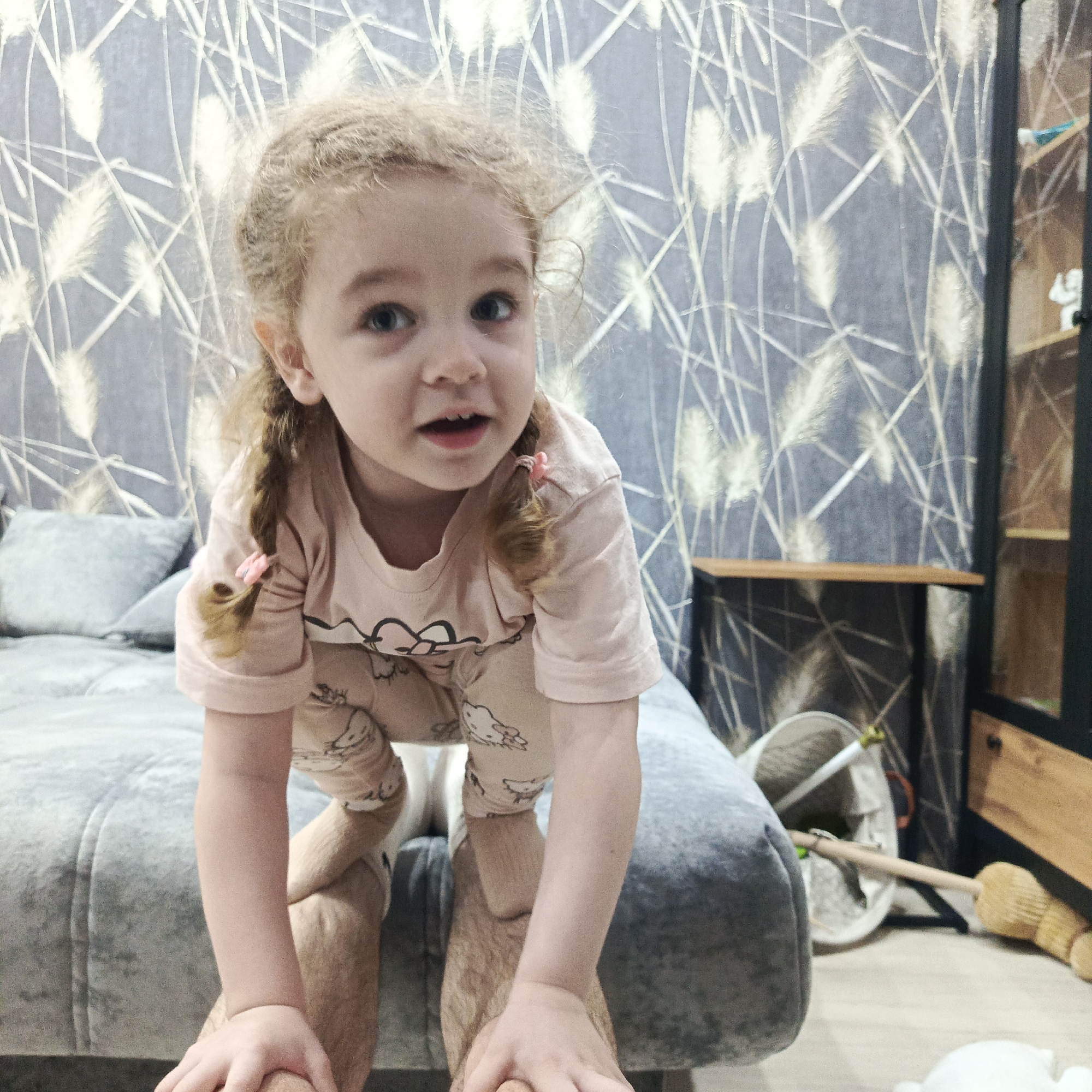A young child with light, curly hair styled into two pigtails with pink ties is the central subject of this indoor photograph. The child has striking blue-grey eyes and an open-mouthed expression, gazing directly at the camera, conveying curiosity or engagement. She is wearing a light pink short-sleeved t-shirt adorned with a cartoon character outline and matching patterned pajamas or loungewear.
The child is positioned low in the frame, leaning forward with her hands placed on what appear to be the hairy knees or upper thighs of an adult, whose lower legs are visible. This suggests the child is either standing on the adult's lap, attempting to climb, or playing a game.
The setting appears to be a living room or common area within a home in Марковский, Russia. The background features a distinctive wallpaper with an intricate pattern of white, fluffy reed-like or feather-like elements against a grey-blue or dark grey backdrop. To the left, a grey upholstered sofa with a cushion is partly visible. To the right, a dark-colored shelving unit or cabinet with wooden shelves and some unseen items is present. On the floor, near the cabinet, a white basket containing various objects (possibly toys or household items) and a small broom or brush are seen. The lighting is consistent with an indoor daytime scene. No visible text is present in the image.