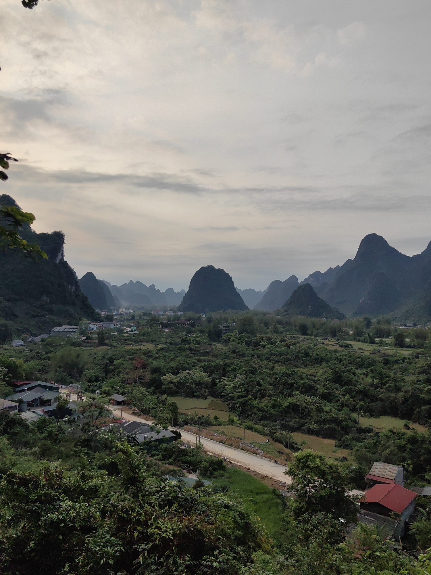 The image depicts a landscape view of Xã Đàm Thủy, Vietnam. In the foreground, dense green vegetation surrounds scattered houses. A dirt road runs through the scene. In the midground, more vegetation leads toward a town with several buildings. The background features limestone karst mountains, creating a valley landscape, under an overcast sky.