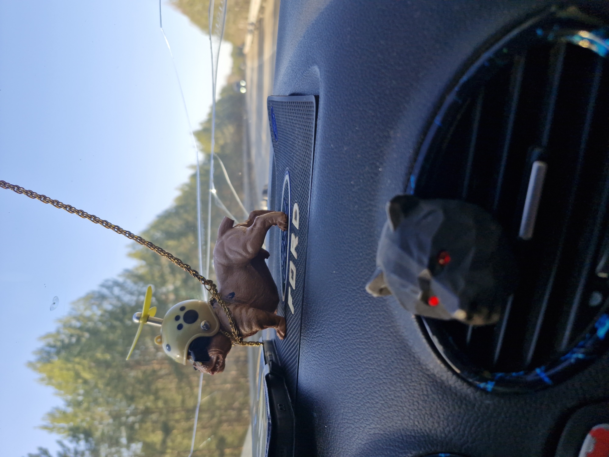 A car's dashboard is in view. Hanging from the rearview mirror by a gold chain is a small, brown dog figure wearing a yellow helmet with a propeller on top. To the right, nestled in the car's air vent, is a small, black animal figure with red eyes. A Ford-branded dash mat is visible between the two figures. The scene is viewed from inside the car, looking through the windshield at a road, trees, and the sky. The location is Chaikovsky, Russia.