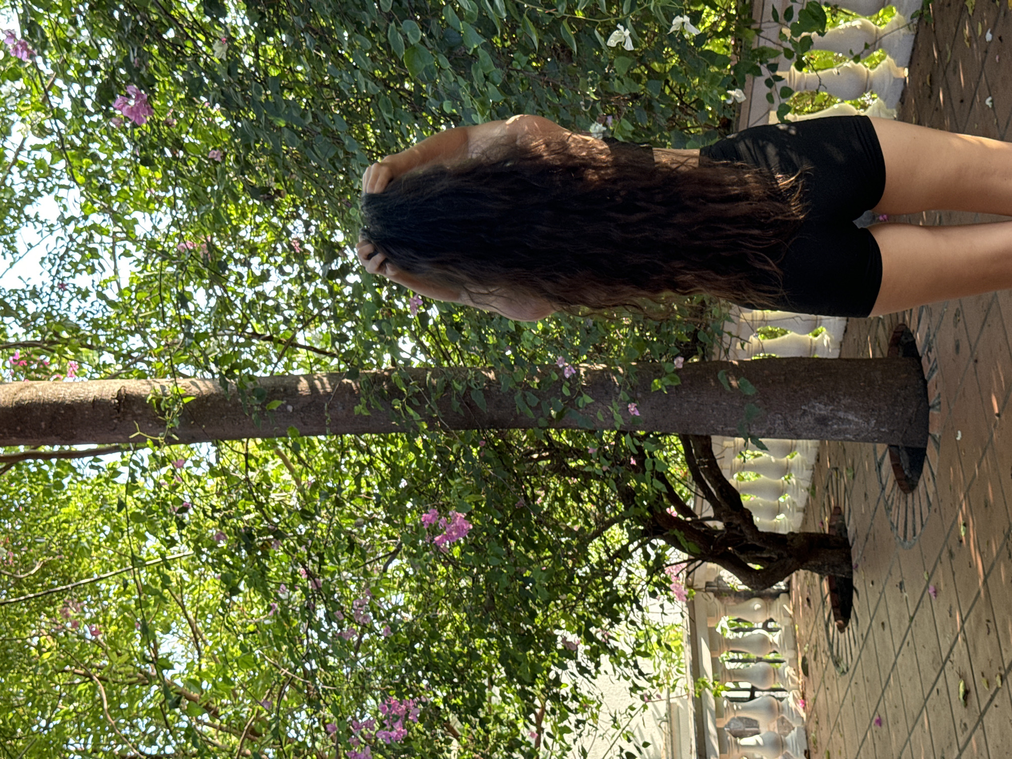 A single individual, observed from the back, stands on a tiled patio within a lush garden setting in Mũi Né, Vietnam. The person, appearing to be female, has very long, dark brown, wavy hair cascading down to her waist. She is wearing black shorts and a dark-colored top, mostly concealed by her hair. Her arms are raised, with hands positioned behind her head. The surrounding environment is characterized by dense green foliage, featuring numerous small pink and some white flowers. Two tree trunks are present; one slender and gnarled on the left, and a thicker, straighter one on the right, both emerging from circular brick-edged planters on the patio floor. A white, classical-style balustrade with multiple columns is visible in the background, extending horizontally across the frame. The ground consists of light brown square tiles, upon which scattered leaves and pink petals are visible. The scene is brightly illuminated by natural sunlight, indicating daytime.
