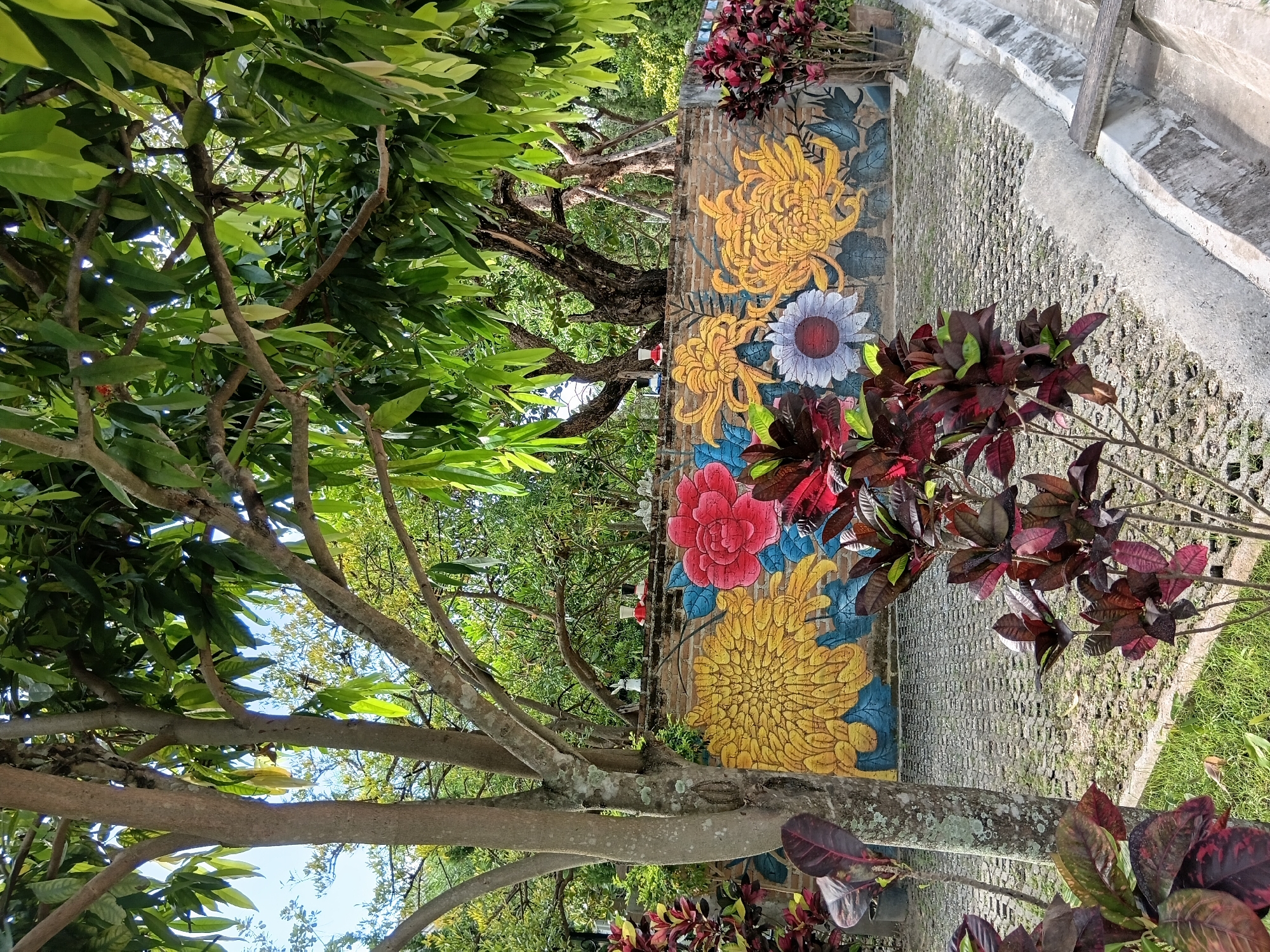 The image depicts an outdoor scene in Ban Tong, Thailand. In the foreground, several potted plants with dark red and green leaves are visible. A tree with a textured trunk and branches covered in green leaves stands to the left of the frame. Behind the plants and tree, a brick wall is adorned with a vibrant mural of large, stylized flowers, primarily in yellow and red, with blue accents. Beyond the wall, lush green foliage and trees create a natural backdrop. The ground is paved with interlocking gray bricks, and a concrete drainage channel runs along the right side of the image. A narrow wooden plank is positioned across the drainage channel. The scene appears to be a tranquil outdoor space, possibly a garden or park area.